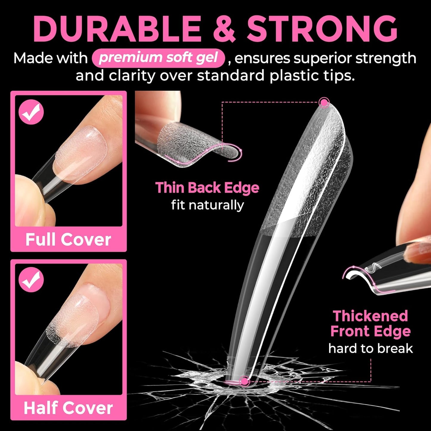 UNA GELLA Long Coffin Nail Tips: 216pcs Coffin Acrylic Fake Nails Full Cover Gel Nail Tips Press On Nails Clear Tips for Nail Extension DIY Salon 12 Sizes