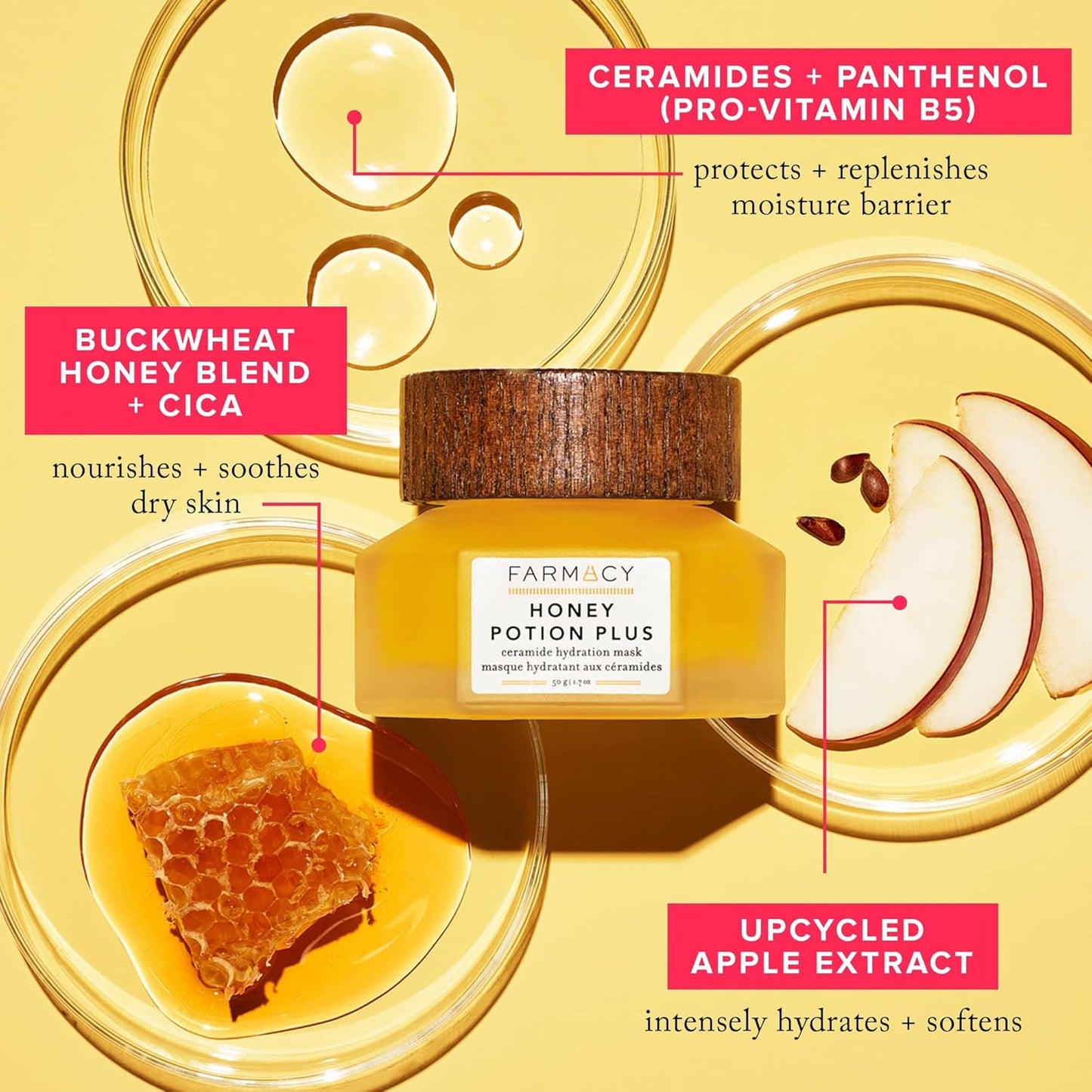 Farmacy Hydrating Face Mask - Honey Potion Plus Nourishing Skincare Facial Mask with Niacinamide, Ceramides + Pro-Vitamin B5 to Protect + Replenish Moisture Barrier (9ml)
