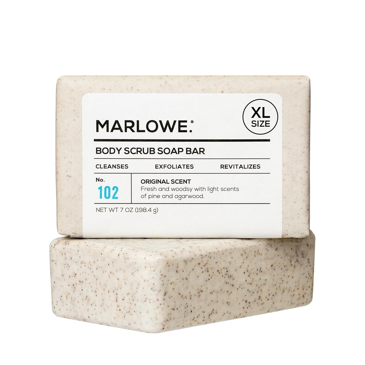MARLOWE. No. 102 Body Scrub Soap 7 oz, Exfoliating Soap Bar with Shea Butter, Olive Oil & Green Tea Extracts, Cleanses, Smooths & Revitalizes Skin, Original Sage & Fir Scent