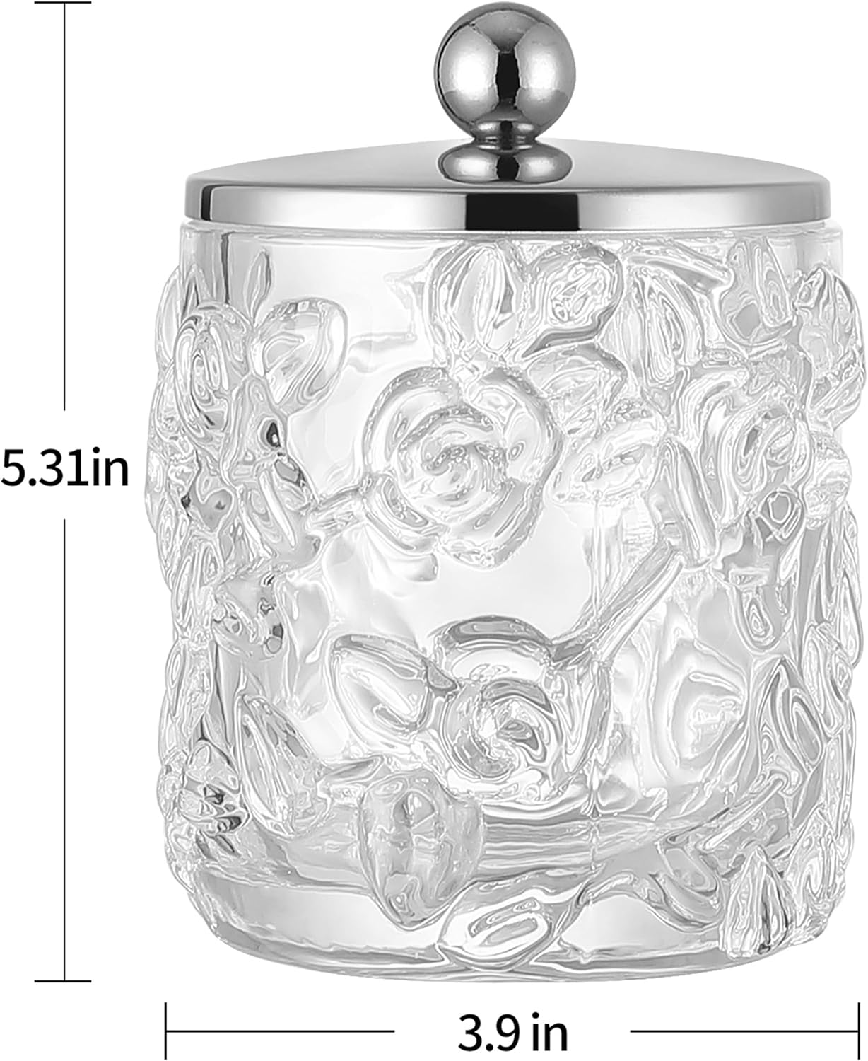 Home Glass Cotton Jar Holder Silver Lid, Elegant Bathroom Storage Canister for Qtips, Cotton Balls, Floss, Makeup Organizer, Vanity Bathroom Organization