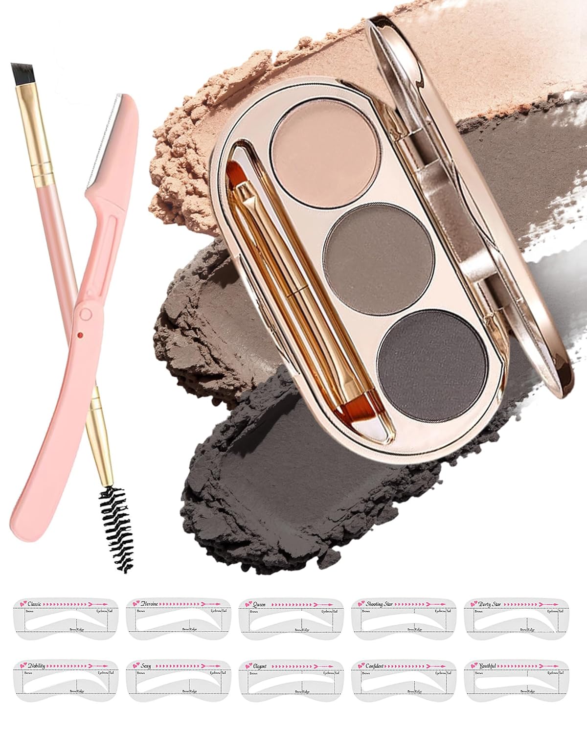 Waterproof Eyebrow Powder Kit - 3 Colors Long-Lasting Brow Powder Palette with Brush Razor & Stencil, Natural Tinting Powder for Women Sparse Brows | #01 Skin, Light Brown, Dark Brown
