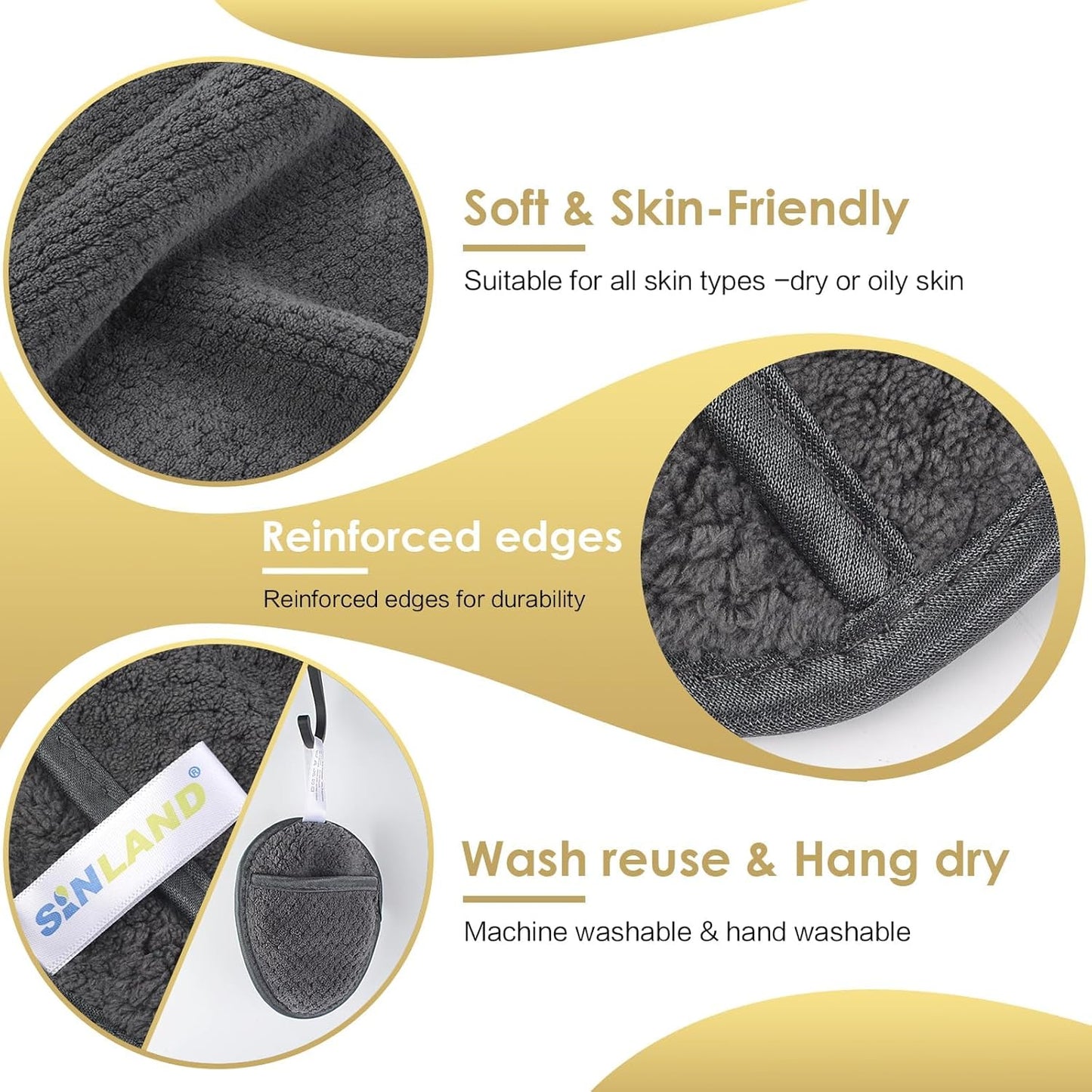 SINLAND Reusable Makeup Remover Pads For Face,Eye,Lips Microfiber Gentle Facial Cleansing Cloths for All Skin Types Friendly for Makeup Remover With Laundry Bag 5.1inchx3.93inch Gray Pack of 12