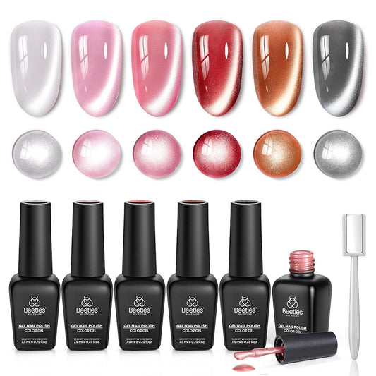 Beetles Cat Eye Gel Nail Polish Set - Porcelain Glow Cat Eye Gel Polish, 6 Colors Silver Red Brown Black Pink Magnetic Glitter Fall Gel Polish Kit Jelly Translucent Effect Soak Off UV Gift for Women