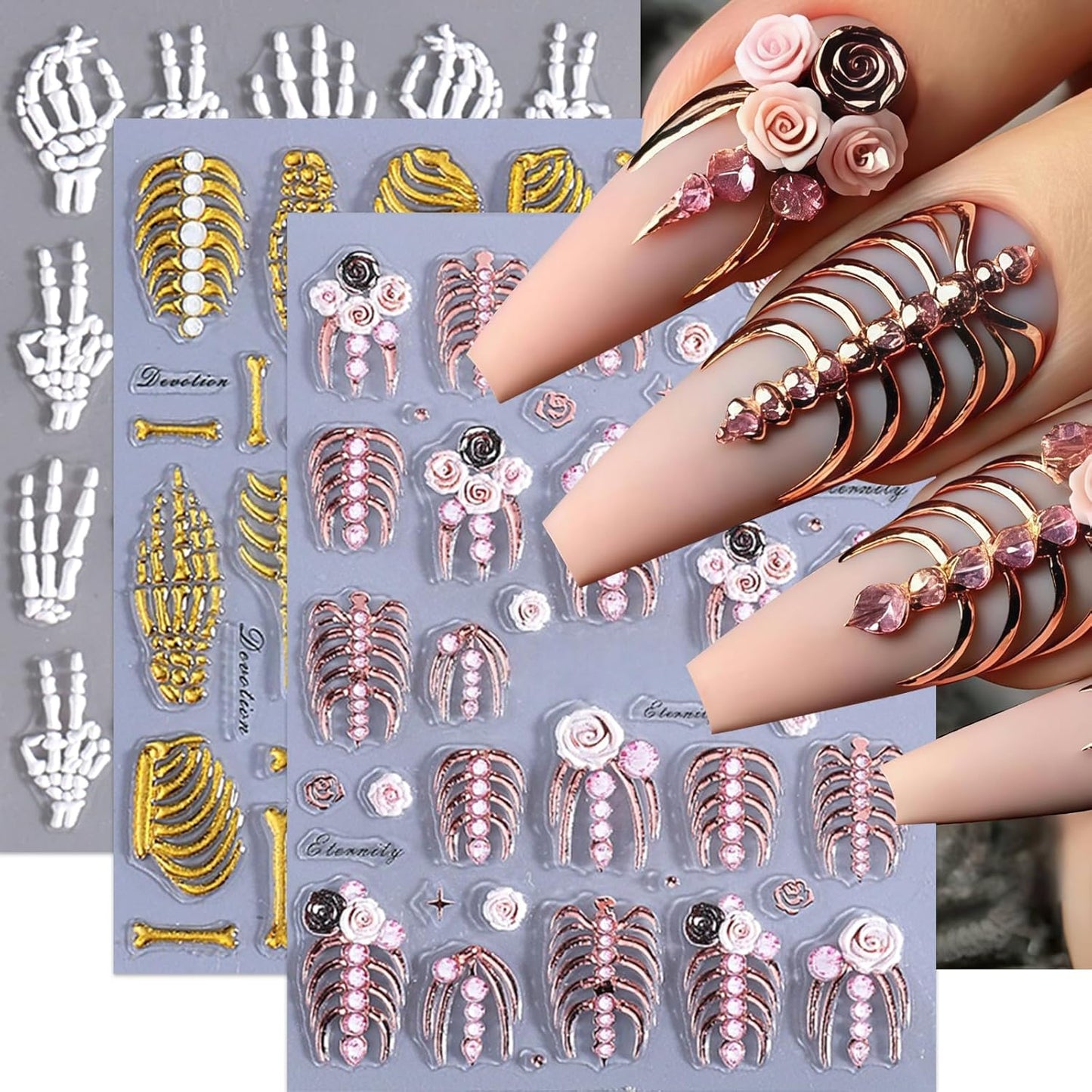 3 Sheets 5D Embossed Skull Nail Stickers for Nail Art Skeleton Nail Decals White Hand Bones Finger Skeleton Halloween Nail Art Supplies Gothic Nail Sticker for Women Halloween Nails Tips Decoration