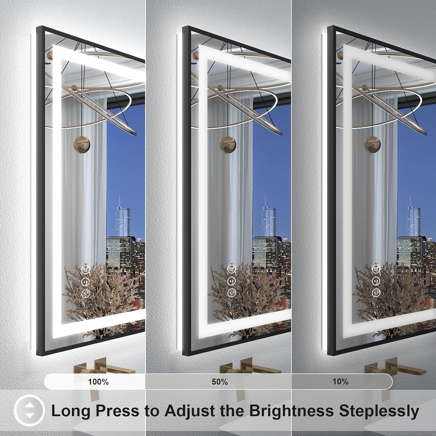 OKPAL Black LED Bathroom Mirror for Wall, 55x36 Frame Lighted Bathroom Mirror, Front and Backlit Lighted Vanity Mirror, Dimmable, Anti-Fog, Shatterproof, ETL Listed, Horizontal/Vertical