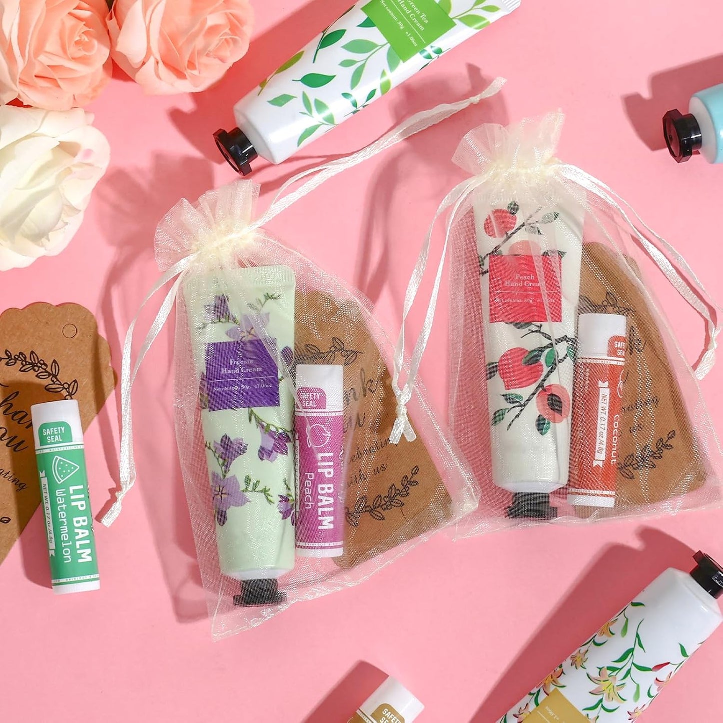 AZEN 60 Sets Bulk Gifts, Hand Cream and Lip Balm Bulk Set with Organza Bag Thank You Card, Baby Shower Wedding Gifts for Guests, Bridal Wedding Favors for Guests,Thank You Gifts for Women