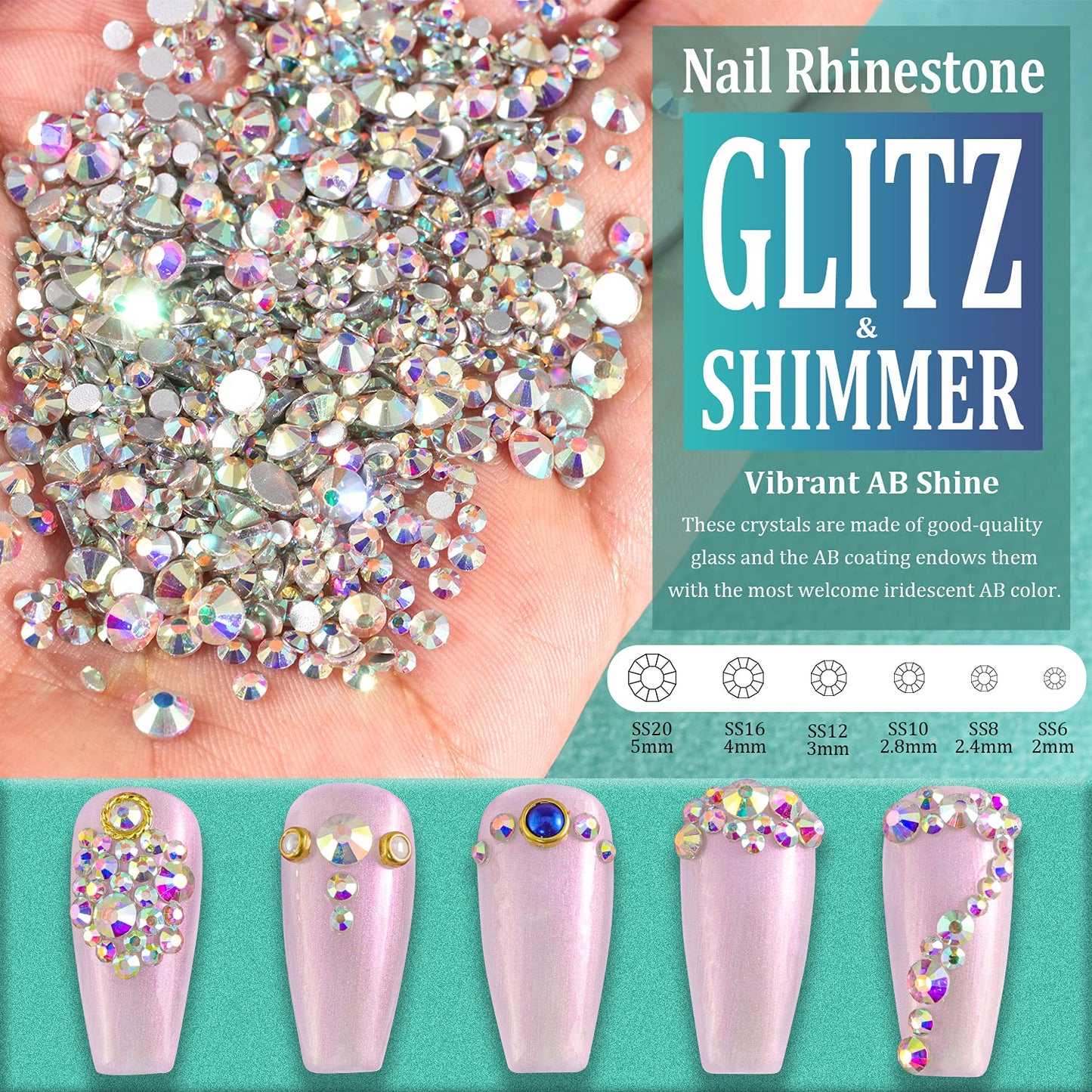 6 Sizes AB Glass Crystal Kit with Pickup Pen + Tweezer Tools for Iridescent Shine Nail Art Manicure Makeup DIY Decoration Flatback Round Rhinestone Gem Jewelry Diamond