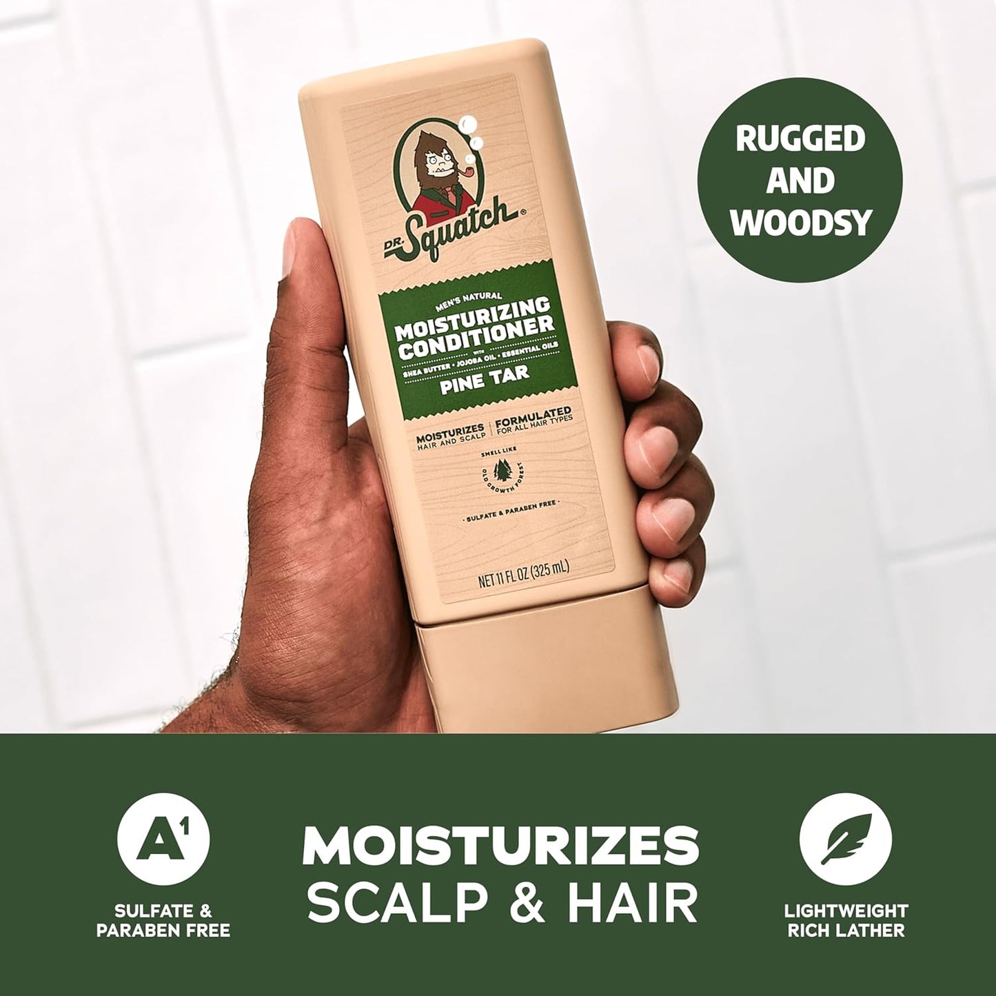 Dr. Squatch Natural Hair Bundle for Men - Healthy, Full Looking Hair - Pine Tar Shampoo (11 fl oz), Pine Tar Conditioner (11 fl oz)