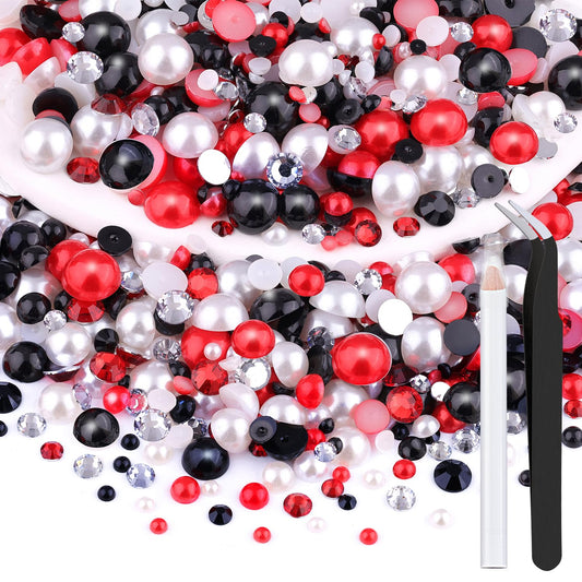 80g Flatback Pearls and Rhinestones for Crafting, Red White Black Mixed Size 3-10mm Resin Rhinestones and Half Pearls for Bedazzling, Nail Art and Decoration with Tweezer and Pickup Pencil