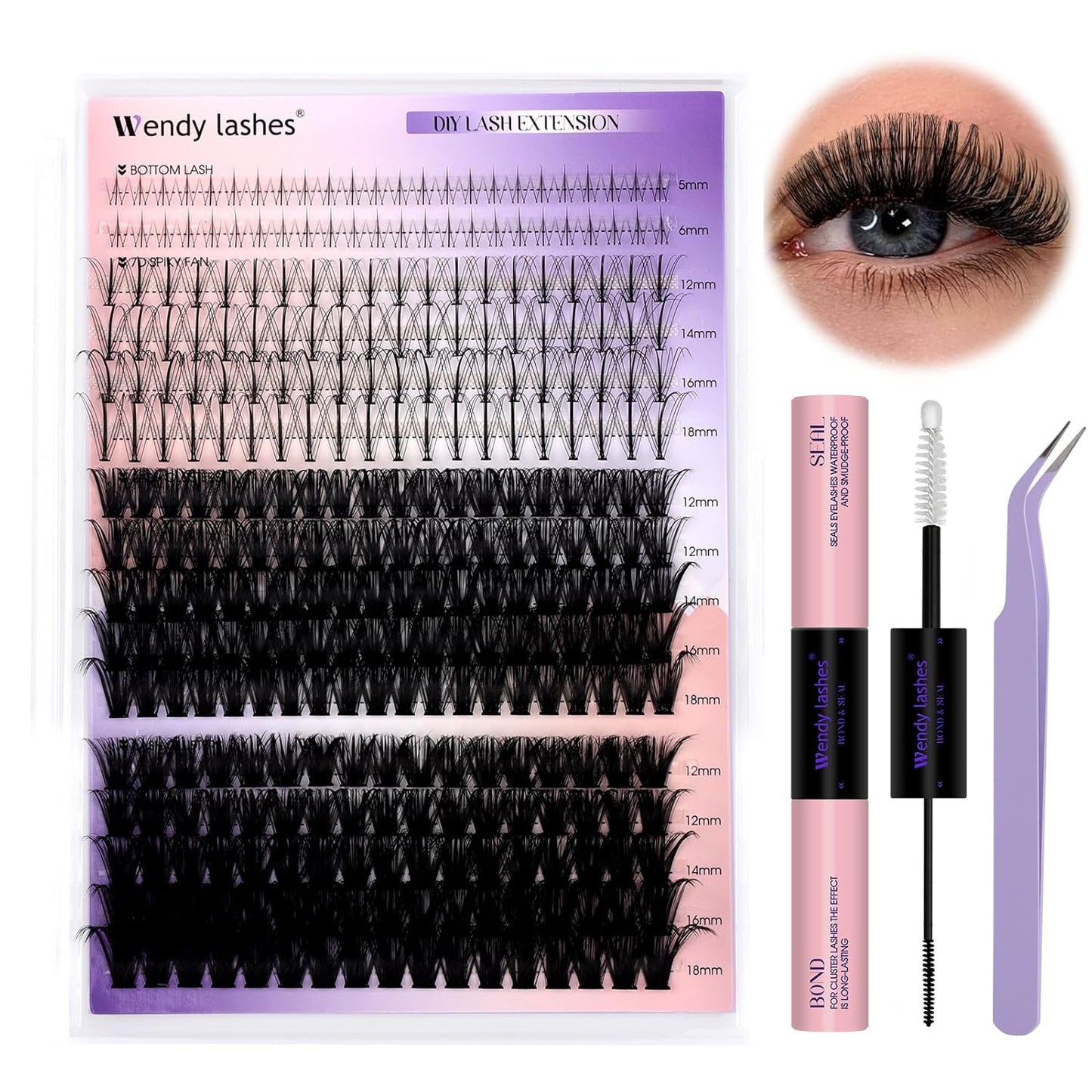 DIY Natural Lash Clusters Kit,Individual False Eyelashes Wispy Cluster Eyelash Extensions 12-18mm Mixed D/3D Curl Eyelash Clusters Kit with Lash Bond and Seal,Lash Tweezers for Self Use(D-60/80D Kit)