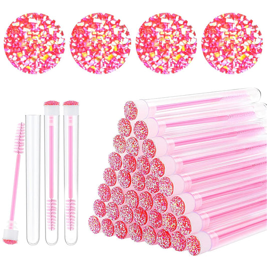 50-Piece Disposable Mascara Brushes - Eyelash Brushes, Diamond Mascara Wands with Tube, Makeup Tool, Lash Spoolies, Sanitary Brushes, Lash Extension Supplies (Tube Star D Pink 50)