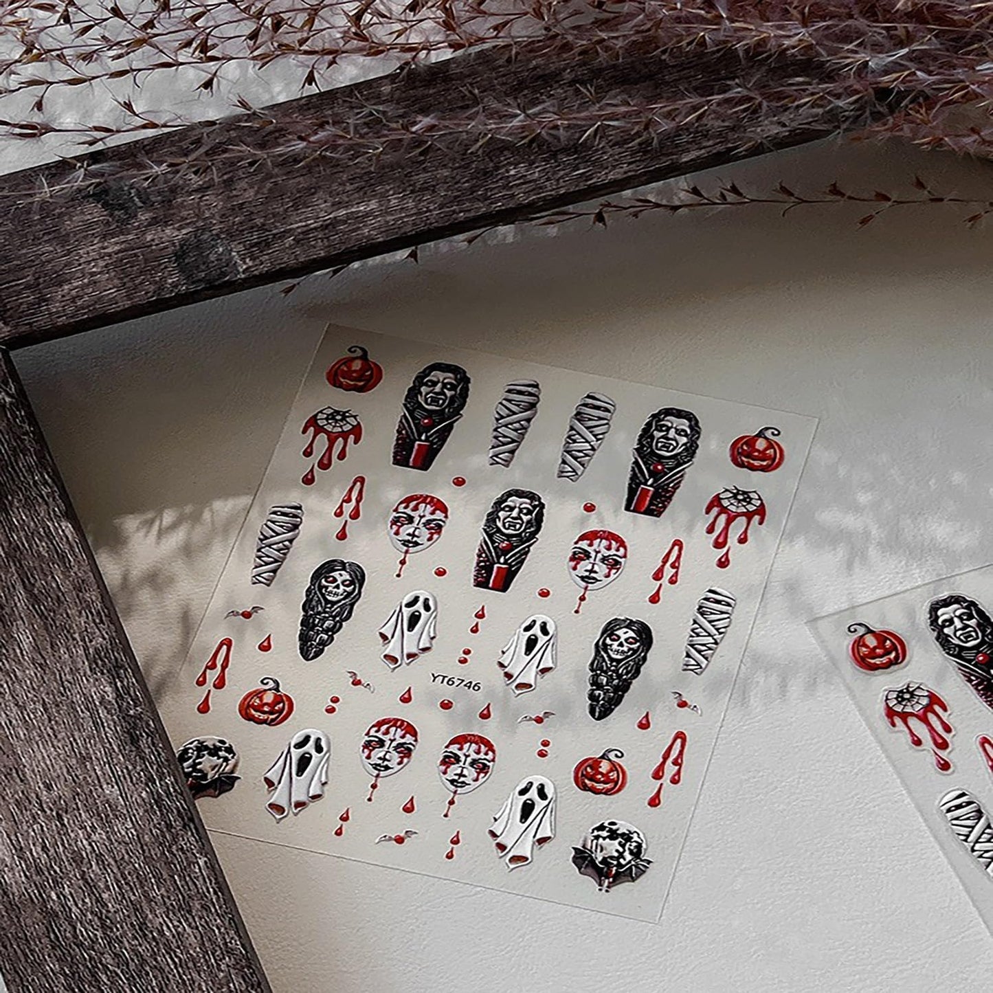 Halloween Ghost Nail Stickers 3D Embossed Stickers for Nails Spooky Nail Decals with Mummy Blood Drop Pumpkin Designs DIY Self Adhesive Nails Art Decoration