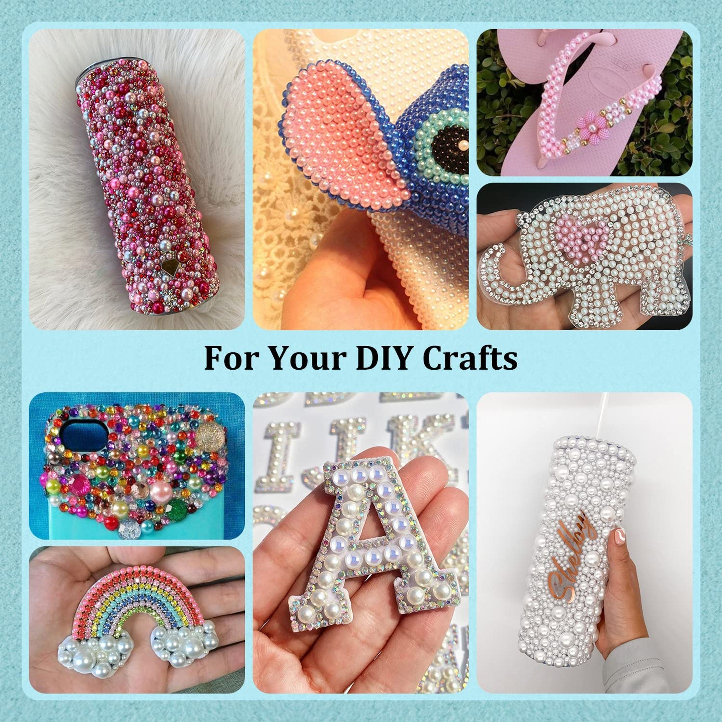 150g Flatback Pearls and Rhinestones Set 6-Pink&Light Blue, Mixed Size 3-10mm Resin Rhinestones and Half Pearls for Nail Art and Crafts and Decoration with Tweezer and Pickup Pencil