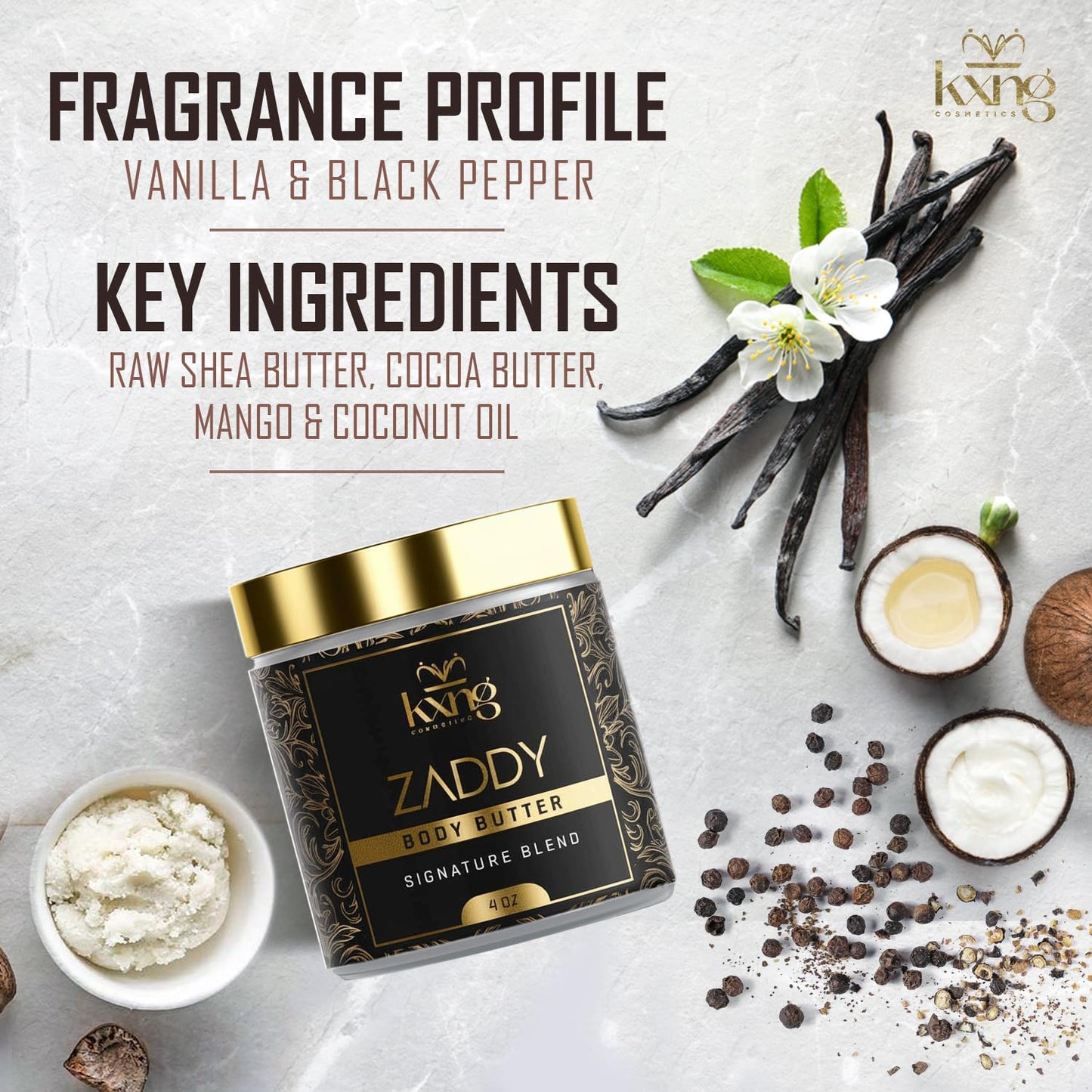 KXNG Cosmetics, Body Butter, Organic Skin Care for Men and Women, Body Moisturizer Lotions and Creams, Raw Shea Butter, Cocoa Butter, Mango, Coconut Oil, Hand, Foot, All Skin Types (Zaddy)
