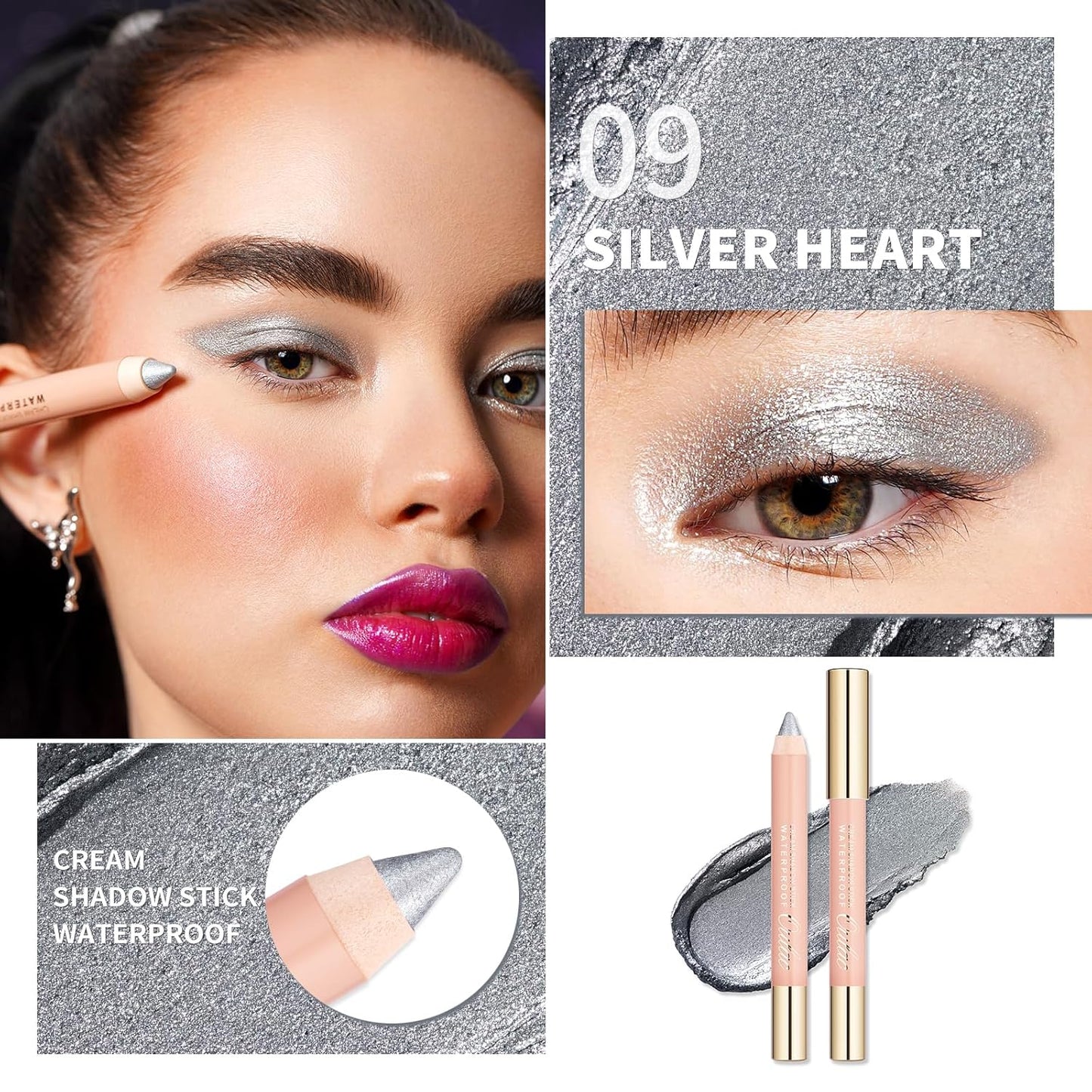 Oulac Silver Glitter Eyeshadow Pencil - Waterproof Eye Shadow Stick Smooth and Long Lasting, Shimmering Glitter Finish, Blendable Eyes Makeup, Vegan & Cruelty-Free 3.8g, (09) Silver Heart