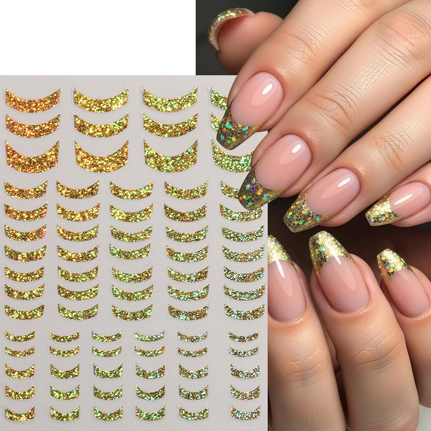 8 Sheets French Tip Nail Art Stickers 3D Self-Adhesive Gold Laser Stripes French Line Transfer Decals Curved Lines Nail Art Designs Glitter Guides Stripe Manicure Accessories for Women DIY Nail Decor