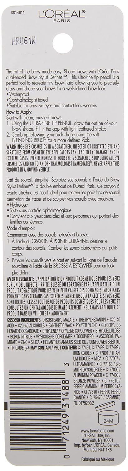 L'Oreal Paris Makeup Brow Stylist Definer Waterproof Eyebrow Pencil, Ultra-Fine Mechanical Pencil, Draws Tiny Brow Hairs and Fills in Sparse Areas and Gaps, Brunette, 0.003 Ounce (1 Count)
