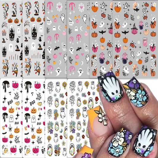 10 Sheets Halloween Nail Art Stickers Decals Cute White Ghost Nail Stickers Pumpkin Bat Spider Web Nails Decal Self-Adhesive Skull Flower Nails Art Decals for Women Halloween Decor