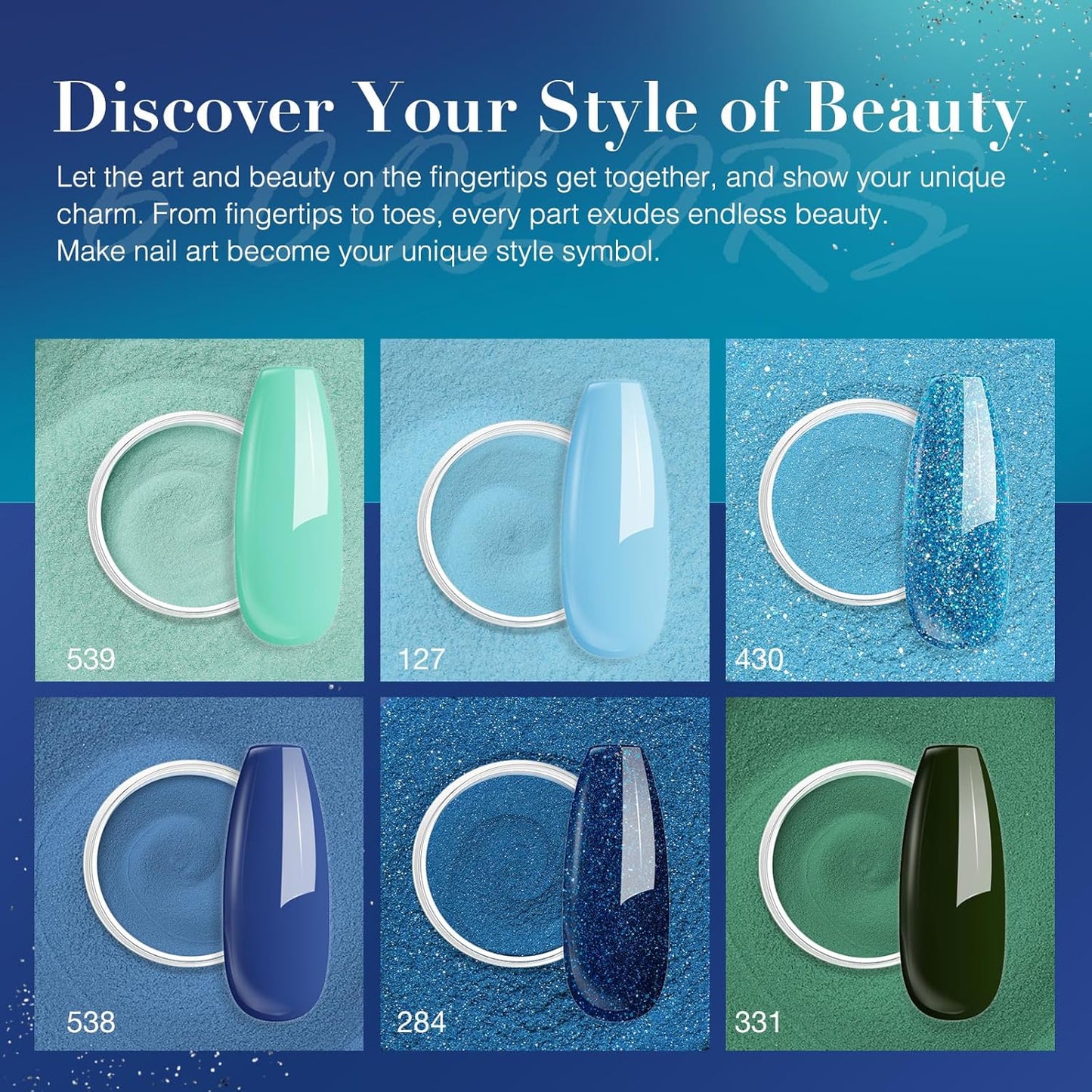 AZUREBEAUTY Dip Powder Nail Set Blue Green Shimmery, All Seasons 6 Colors Dipping Powder Starter Kit French Starry Ocean Banquet Nail Art Manicure DIY Salon Gifts for Women, No Need Nail Lamp Cured