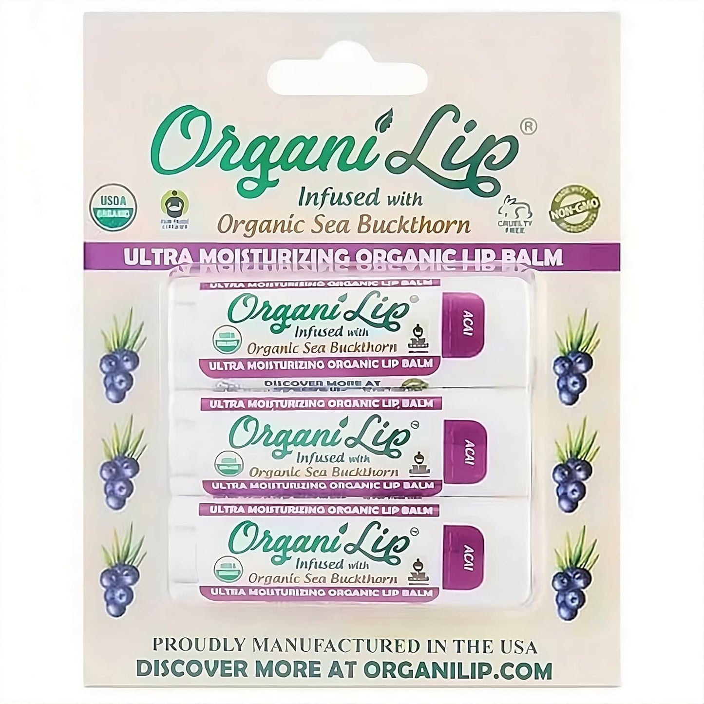 OrganiLip Organic Lip Balm, Acai Flavor, Ultra Hydrating Lip Moisturizer for Cracked or Dry Lips, Oval Shaped Tube, USDA Certified Organic, 3 Pack