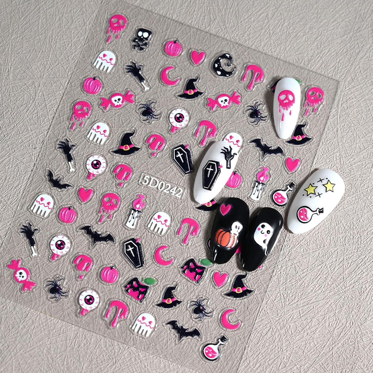 6 Sheets Halloween Nail Stickers for Nail Art 5D Self Adhesive Cute Ghost Nail Art Stickers with Pumpkin Bat Blood Drop Skeleton Design Sticker for Women DIY Nails Decoration