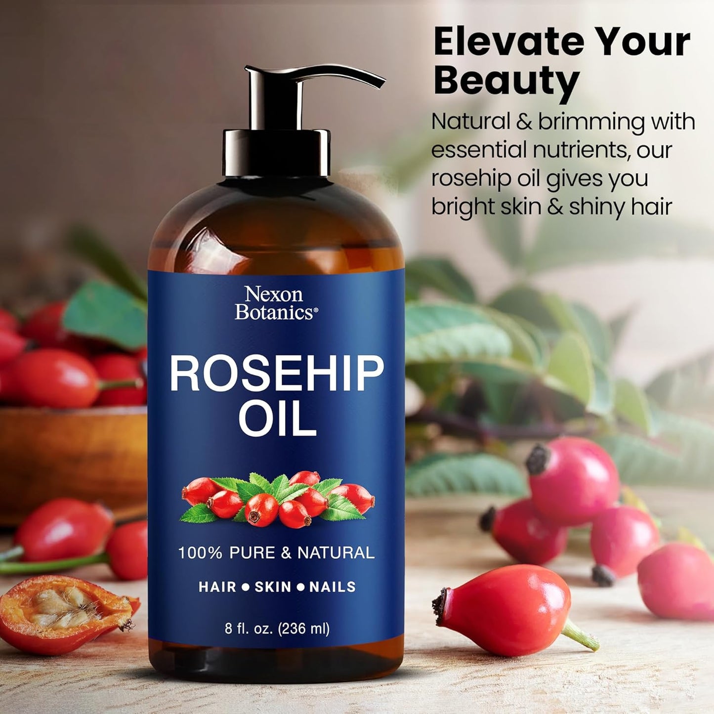 Rosehip Oil for Face 8 fl oz - Rosehip Seed Oil for Gua Sha, Massage, and Skin Care - Aceite de Rosa Mosqueta - Nexon Botanics