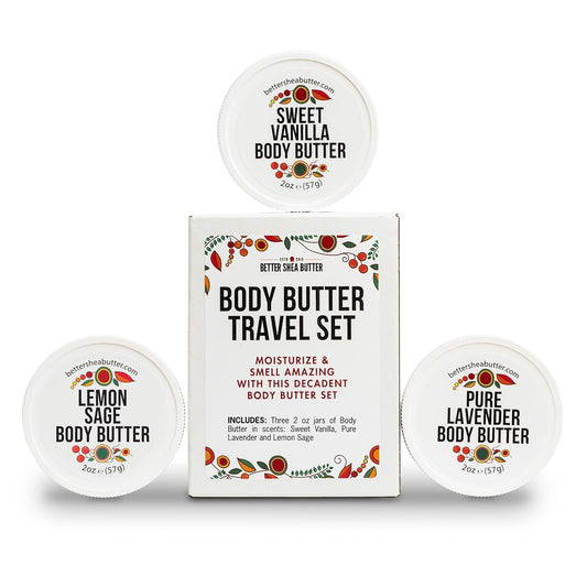 Body Butter Variety Pack | with Organic Shea Butter and Jojoba Oil | Lemon Sage, Lavender, Sweet Vanilla | Body Butter Minis | Trio of Travel Size Lotion | 3 x 2oz Jars