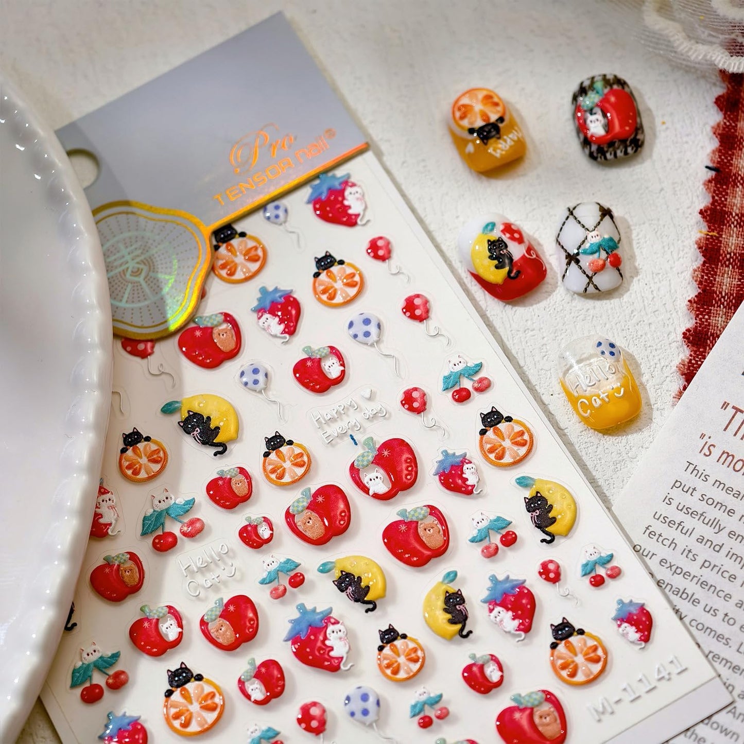 Apple Nail Art Stickers Cat Nail Decals for Nails Art Cute Nail Stickers Red Orange 5D Embossed Self Adhesive Fruit Nails Charms for Women Girls Kid Manicure DIY Decoration Accessories