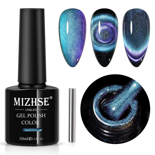 MIZHSE 9D Cat Eye Gel Nail Polish, Dual Colors Blue & Purple Magnetic Gel Polish with Magnet Stick, Magic Chameleon Galaxy Effect Holographic Glitter Silky Cat Eye Nail Polish Soak Off Nail Art Salon