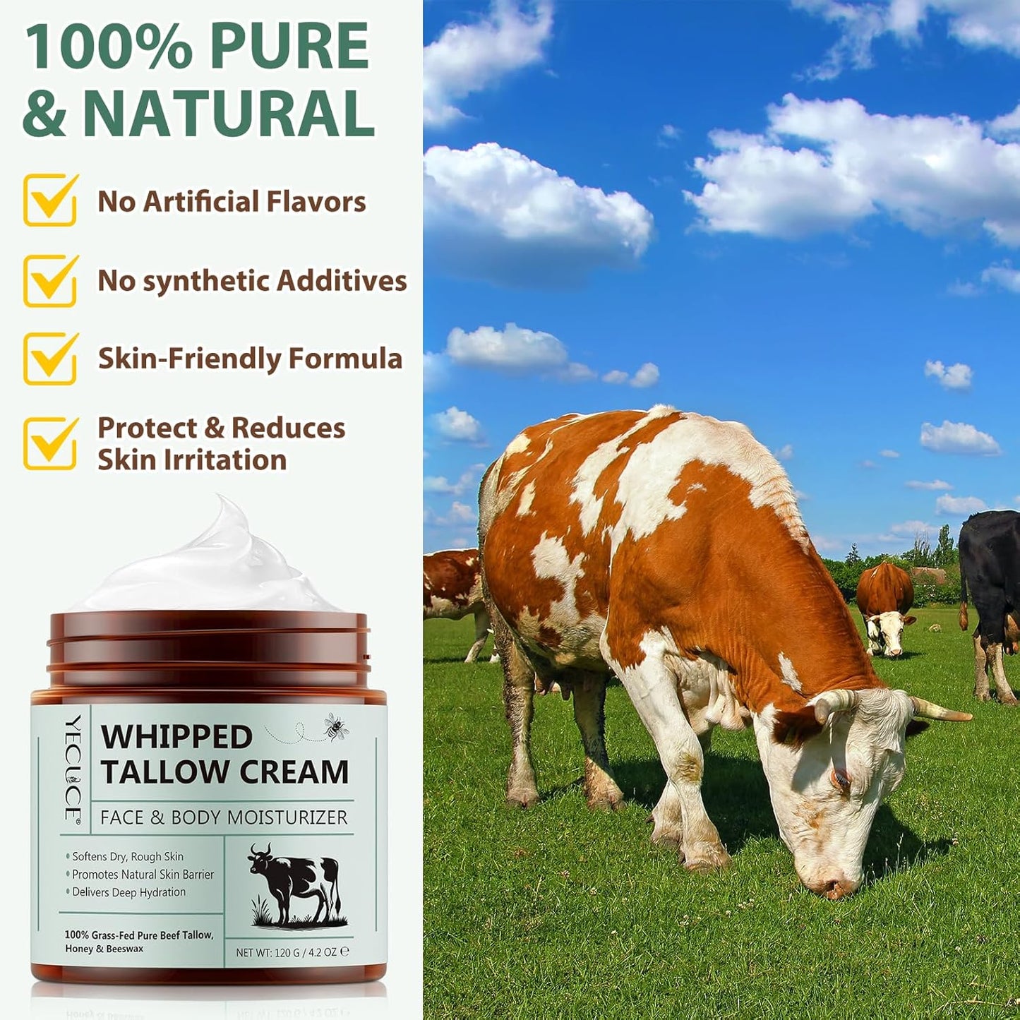 ReliCo Beef Tallow for Skin Moisturizer - Organic Whipped Grass Fed Beef Tallow with Honey Cream for Body, Unscented, 2pcs