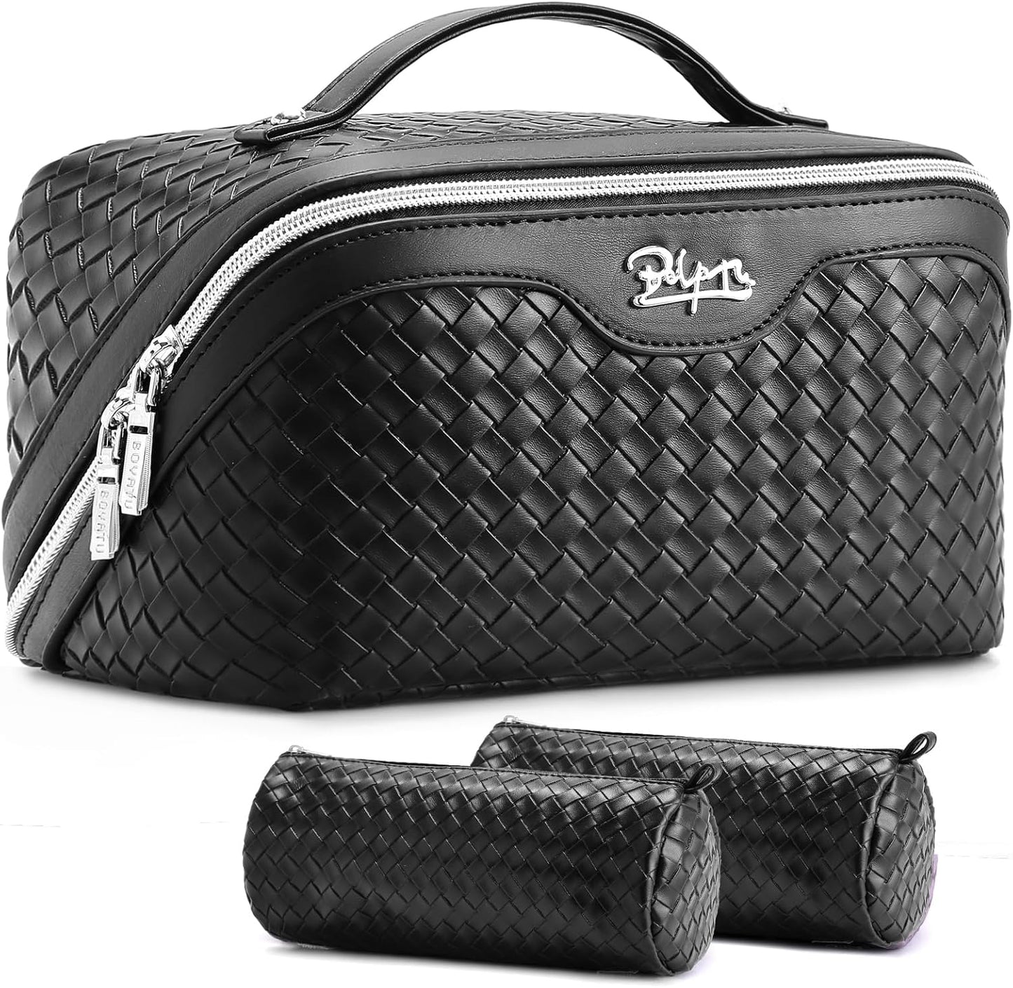 BOYATU Travel Makeup Bags for Women: 3 Pcs Large Make up Bags Set - Vegan Leather Cosmetic Bag for Traveling - Waterproof Toiletry Organizer (L03 Black)