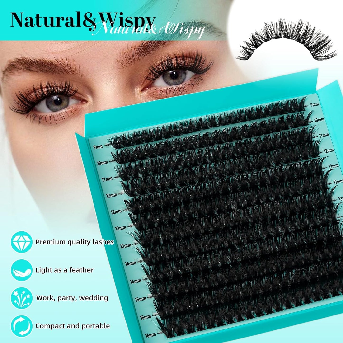 Lash Clusters 240pcs Eyelashes Cluster Individual Wispy Lashes Thin Band for D Curl Lash Extension Eyelashes for Beginners at Home,False Eyelashes Soft Eyelash Clusters(80D,D-Mix9-16mm)