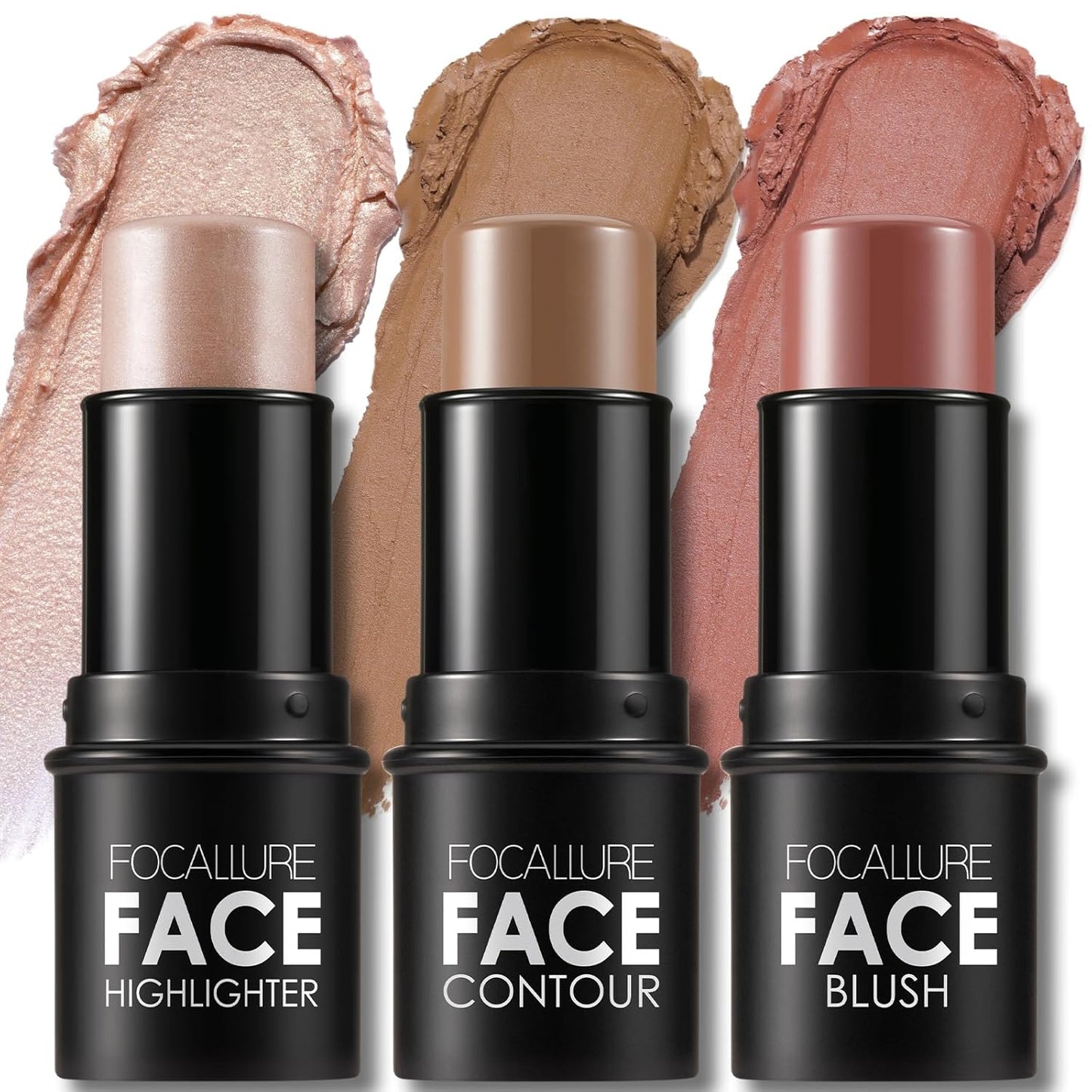 FOCALLURE 3 Pcs Cream Contour Sticks,Shades with Highlighter & Bronzer & Blush,Non-greasy Long-wear Face Contouring Pen,Easy to Sculpt the Face and Create a Lightweight Finishing Makeup,MEDIUM