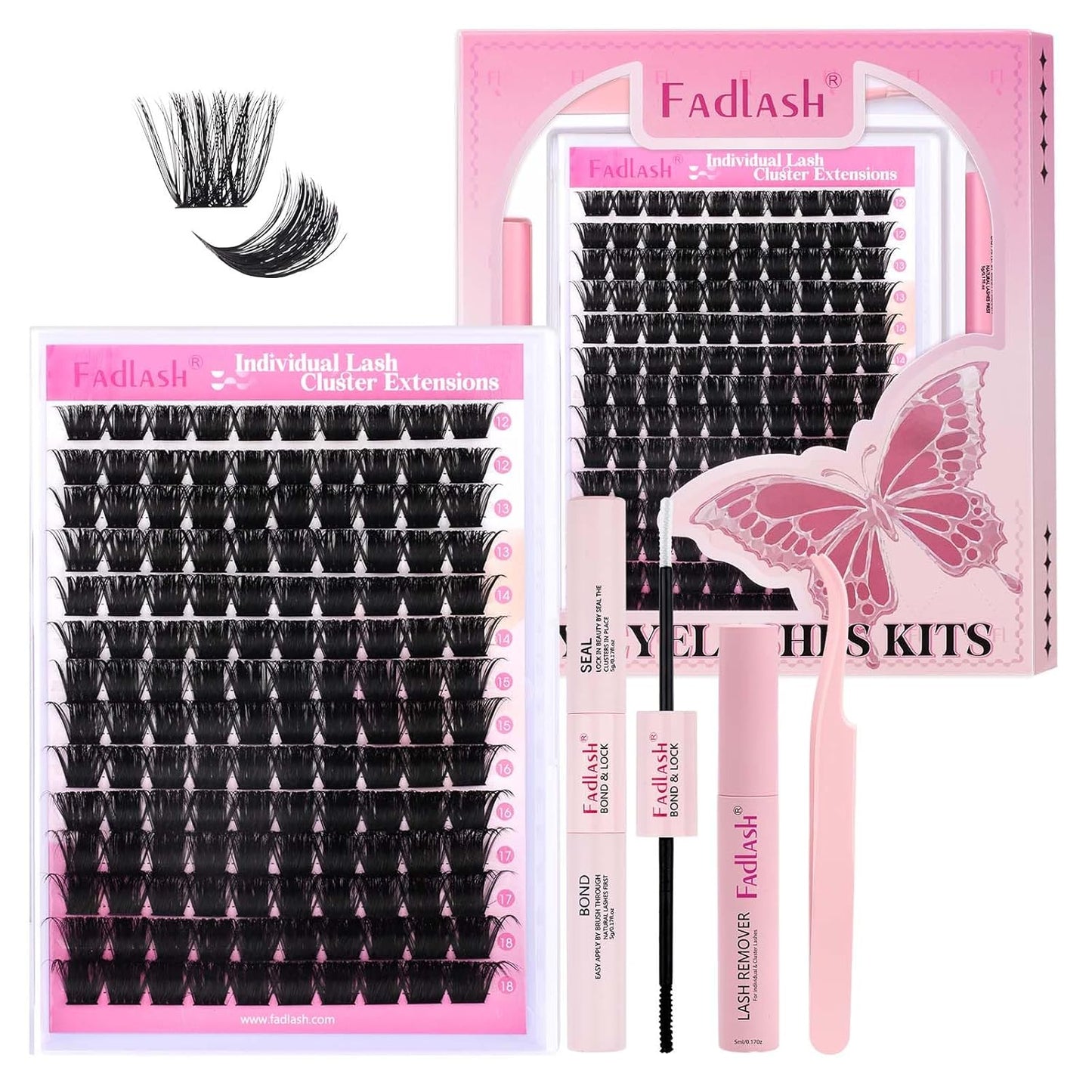 FADLASH Lash Extension DIY Kit Lash Clusters D Curl Cluster Lashes with Lash Bond and Seal Cluster Lashes Glue Remover Lash Tweezers for DIY Eyelash Extension at Home（Kit 200D-0.07D-12-18MIX）, black