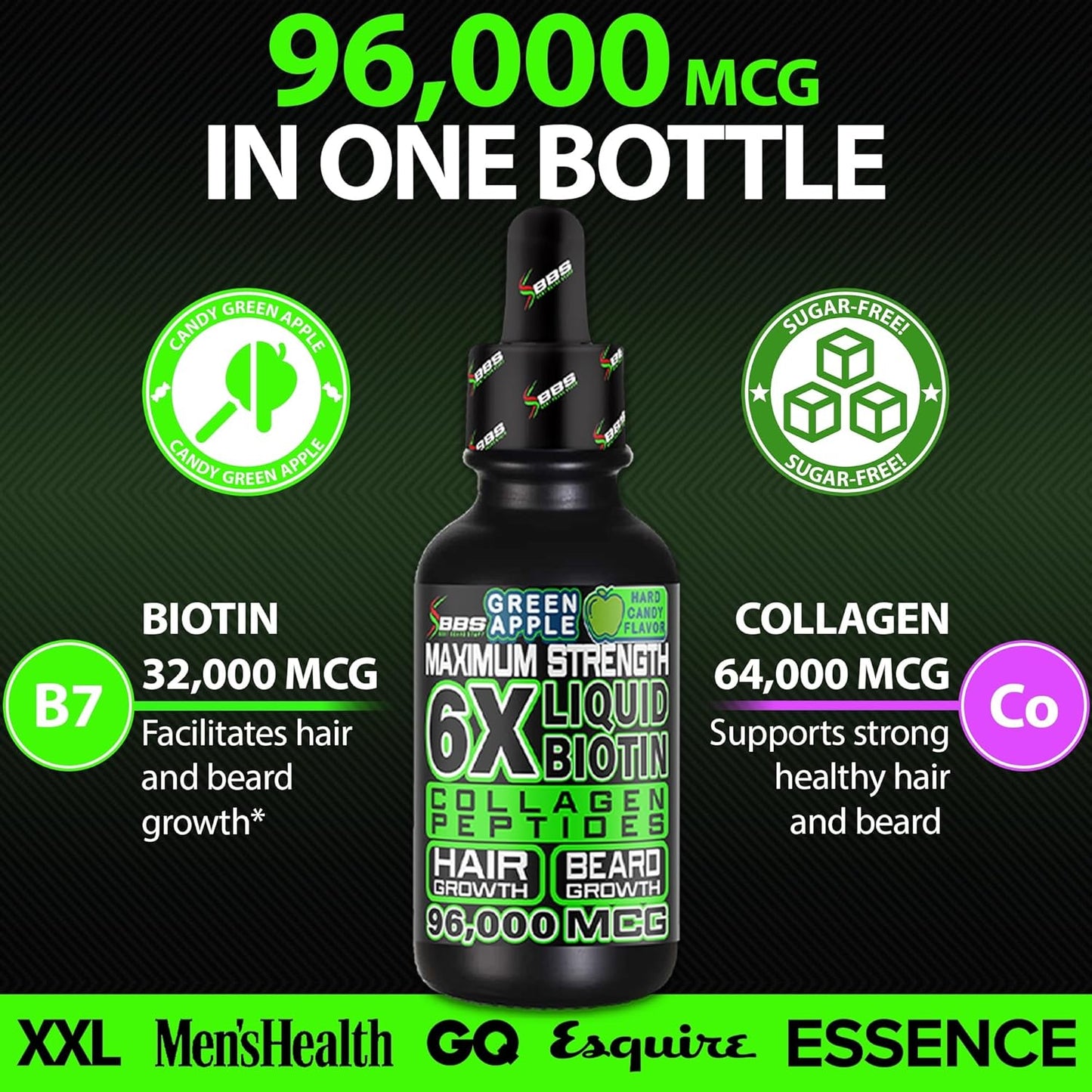 Liquid Biotin Collagen Peptides for Beard Growth and Thickening - Men's Beard and Hair Growth Supplement - Biotin Liquid Drops 96,000mcg 6X More Absorption