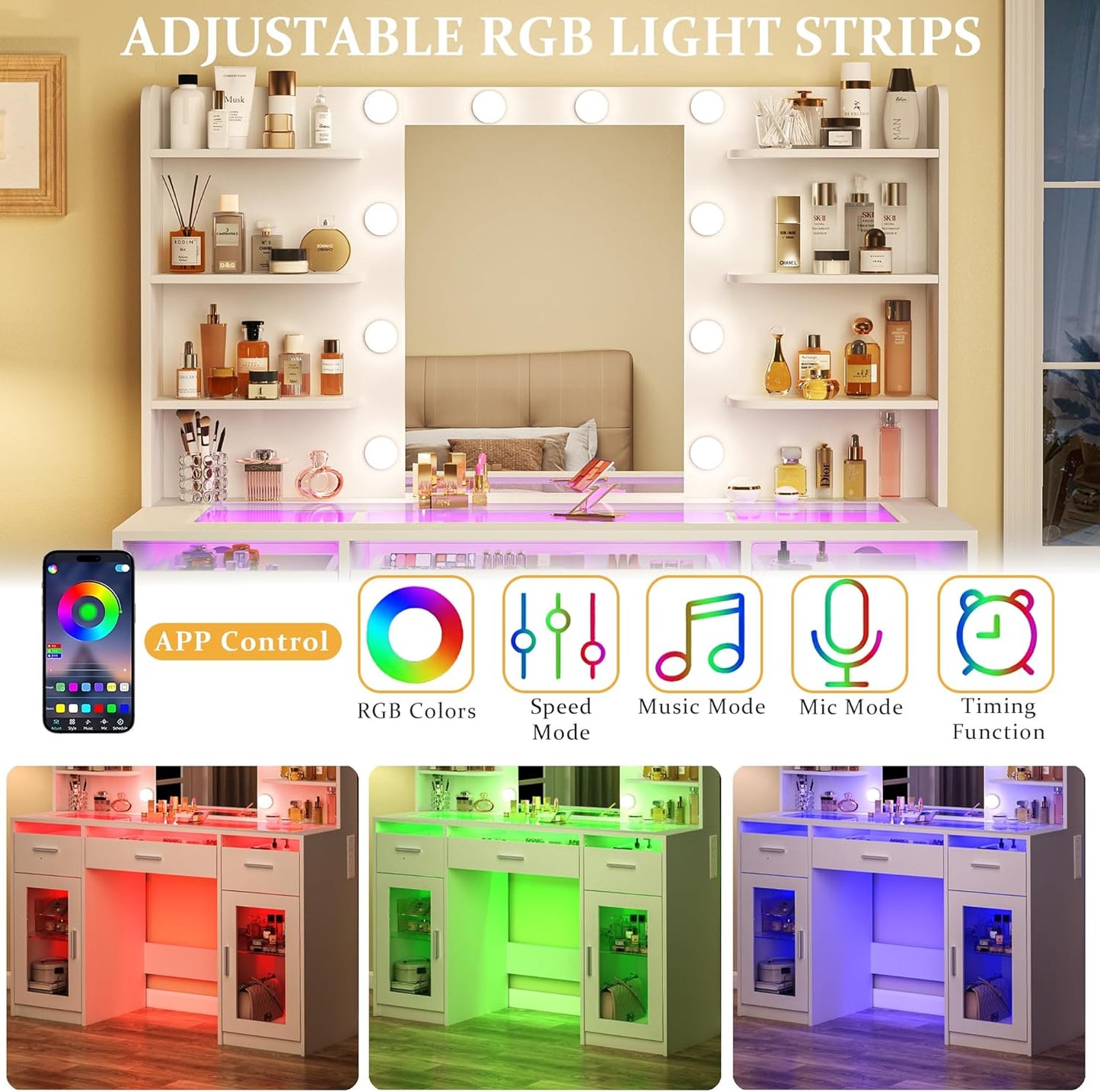 HUAHUUU Vanity Desk, Makeup Vanity Desk with Mirror and Lights 3 Colors, Transparent Top with 3 RGB Drawers, 6 Shelves, 2 Large Tempered Cabinets, Power Outlet, for Bedroom, White