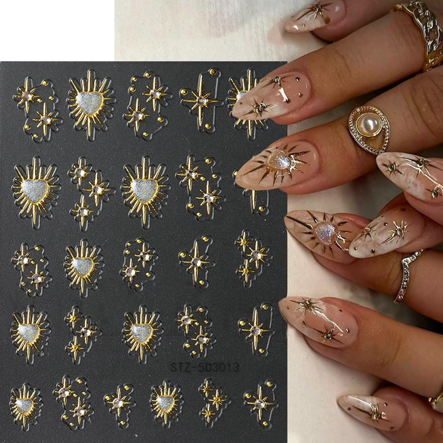 5D Star Nail Art Stickers Gold Nail Decals Rhinestone Design 2PCS Embossed Self-Adhesive Heart Star Moon Nail Supplies DIY Slider Manicures Accessories Stars Nail Art Stickers for Women Decorations