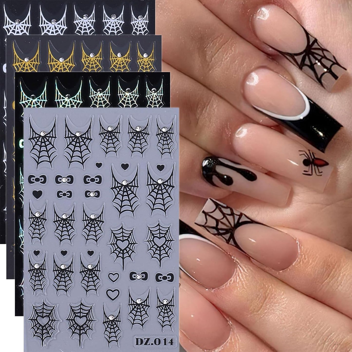 Halloween Nail Art Stickers Decals Metal Spider Web Nail Decals Rhinestone Design 4PCS 3D Self-Adhesive White Laser Black Gold Spiderweb Nail Slider Sticker Holiday DIY Manicure Supplies for Women