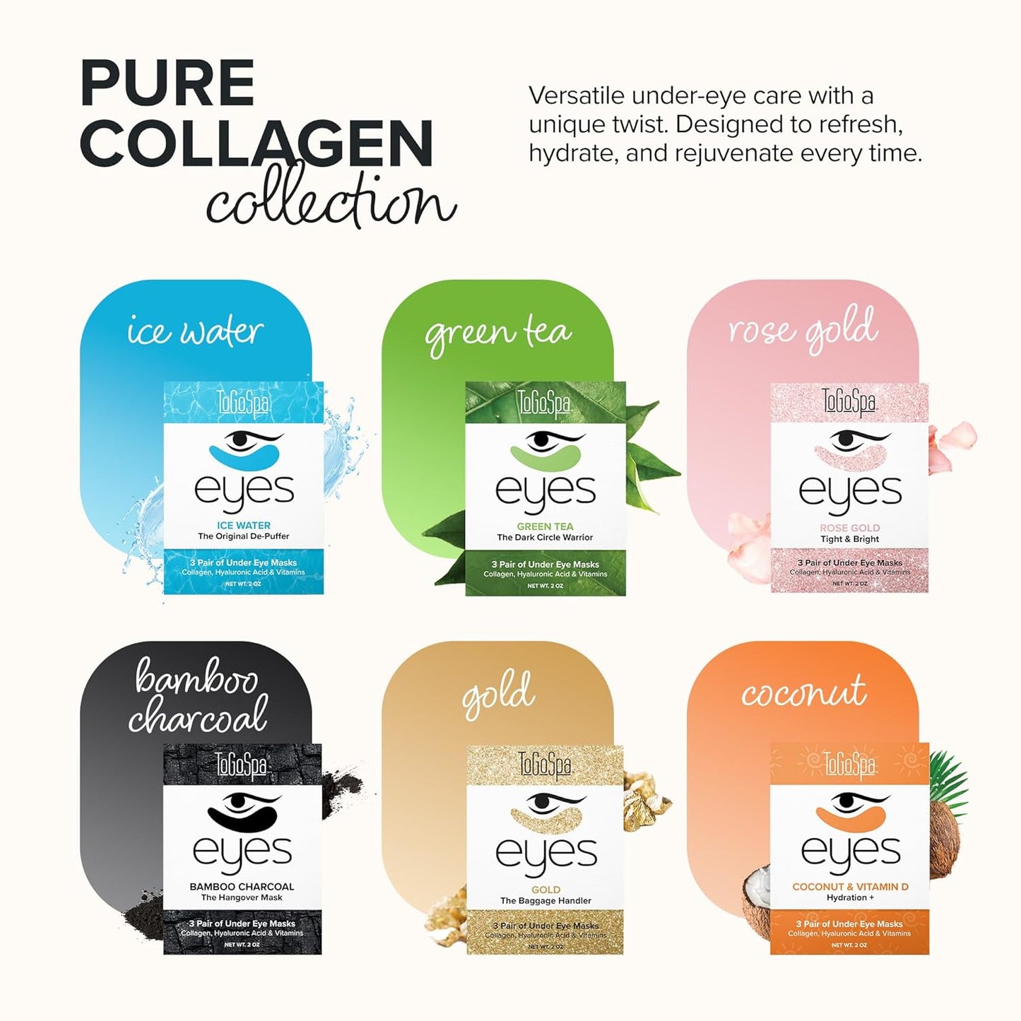 ToGoSpa, Bamboo Charcoal Under Eye Repair Mask, Collagen Under Eye Patches, Enriched With Ale Vera, Hyaluronic Acid, Lightens Skin Tone And Soothes Redness And Puffiness, Pack Of 6