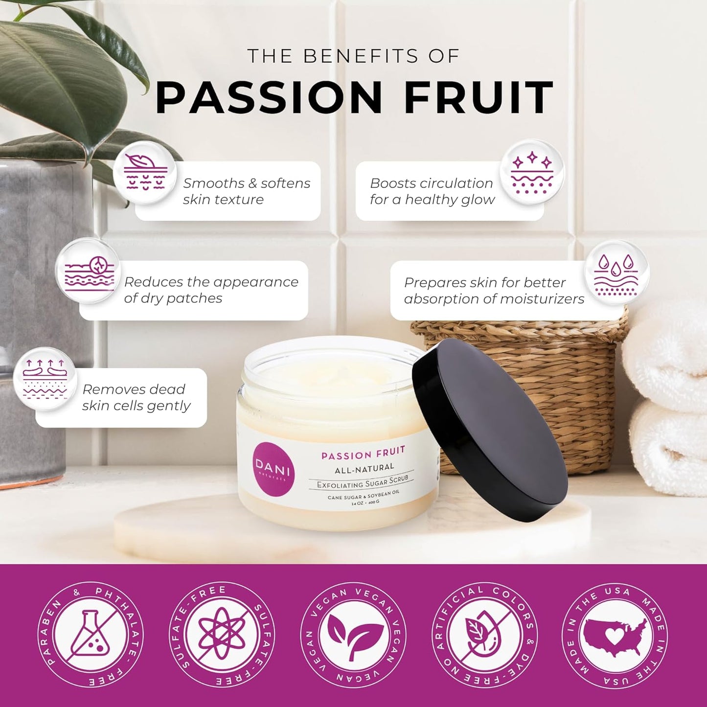 Naturals Sugar Scrub – Pure & Gentle Exfoliation with Juicy Passion Fruit Scent. Organic sugar, shea butter, and nourishing oils for smooth, soft skin – 14 oz