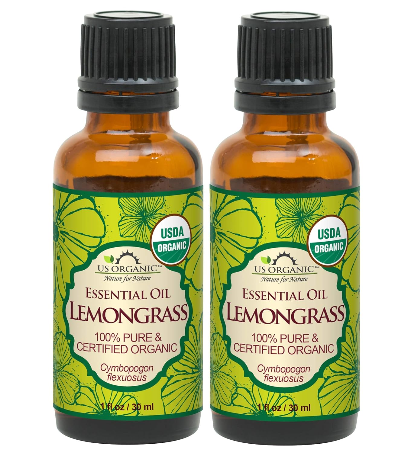US Organic 100% Pure Lemongrass Essential Oil, USDA Certified Organic, Extracted by Steam Distillation Method, for Hair, Nail Polish Remover, Bees Attraction, and More. 30 ml, Value 2 Pack