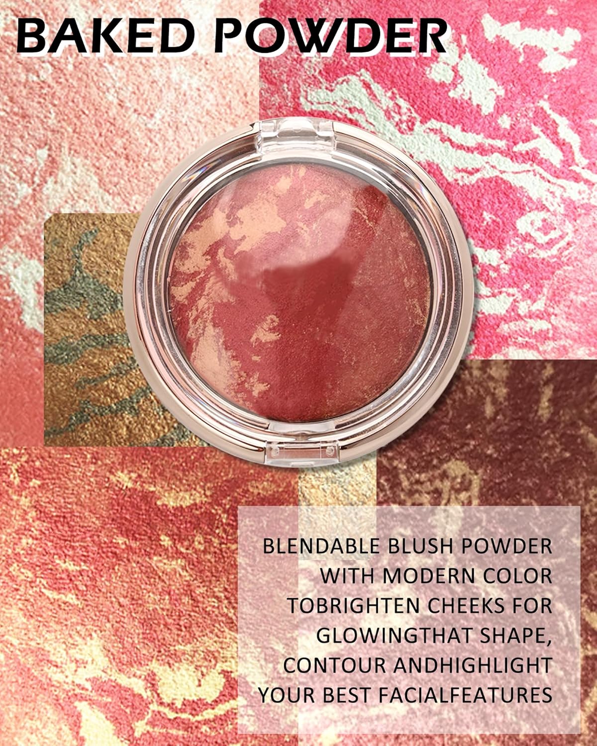 Baked Powder Blush, Glow Marbleized Blush Powder Palette,Lightweight Shimmery Facail Blusher for Face Cheeks,Eyeshadow & Highlight,Makeup Gift for Women rubores de maquillaje(0.49Ounce)-02