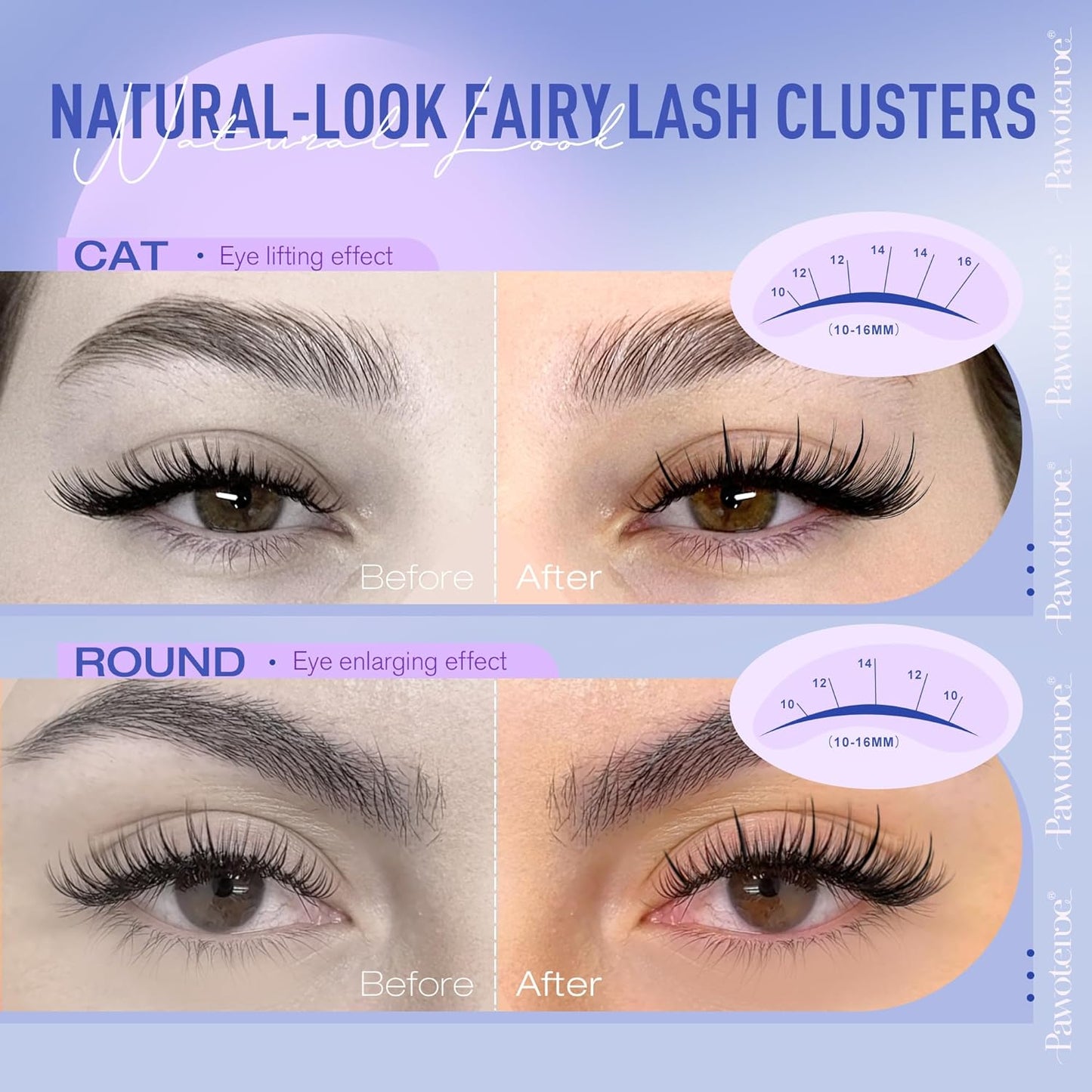 Pawotence Natural Lash Clusters Kit Eyelash Clusters 10-16mm Fairy Cluster Lashes Extension Kit Individual Lashes Cluster Wispy with Lashes Cluster Glue, Tweezers for Cluster Eyelash Extensions Kit