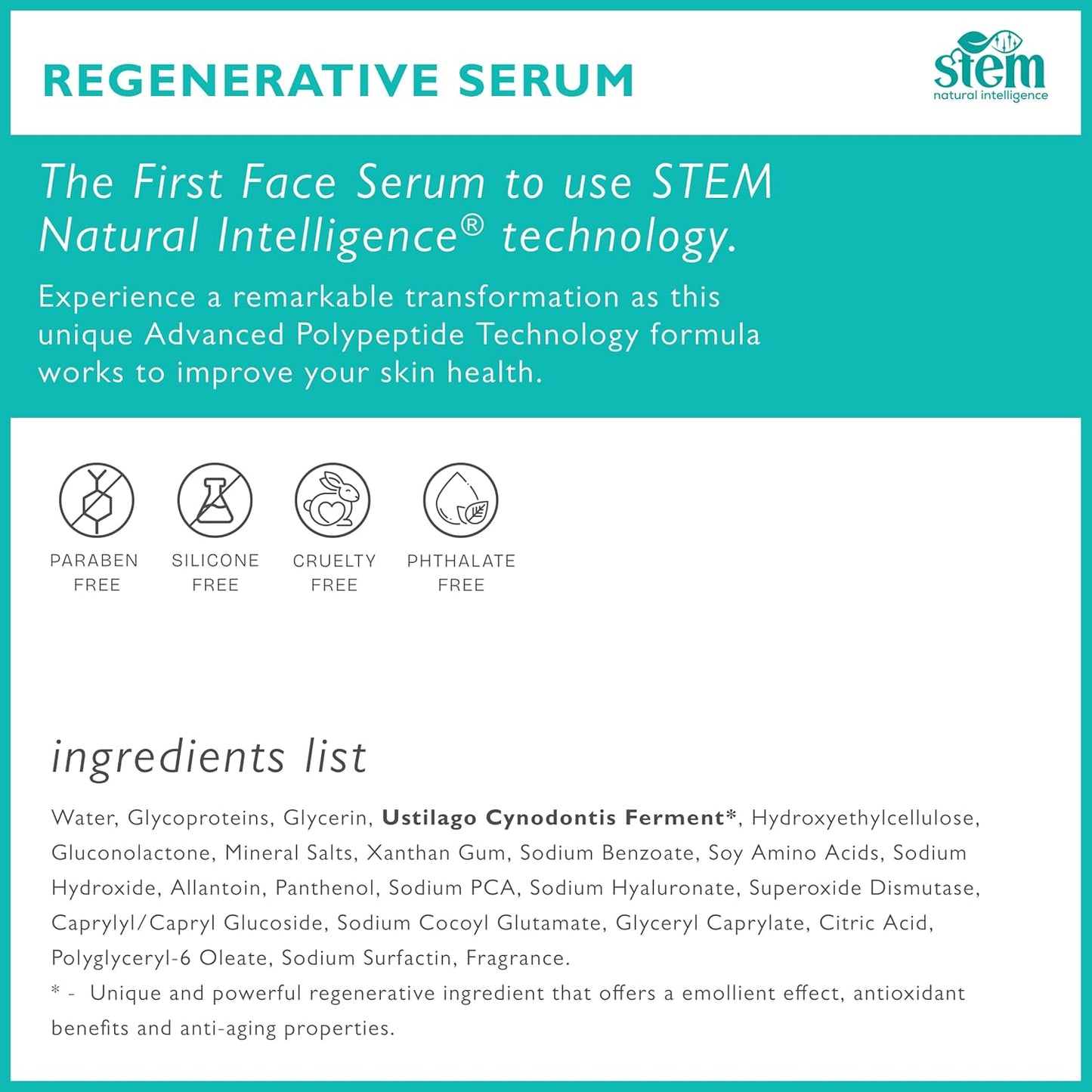 STEM Natural Intelligence Skin and Face ReGenerative Serum for Women, Facial Moisturizer Skin Care Peptides Serum, Luxury Face Moisturizer for Women, Hydration Serums, Antioxidant Support Serums, 1 oz