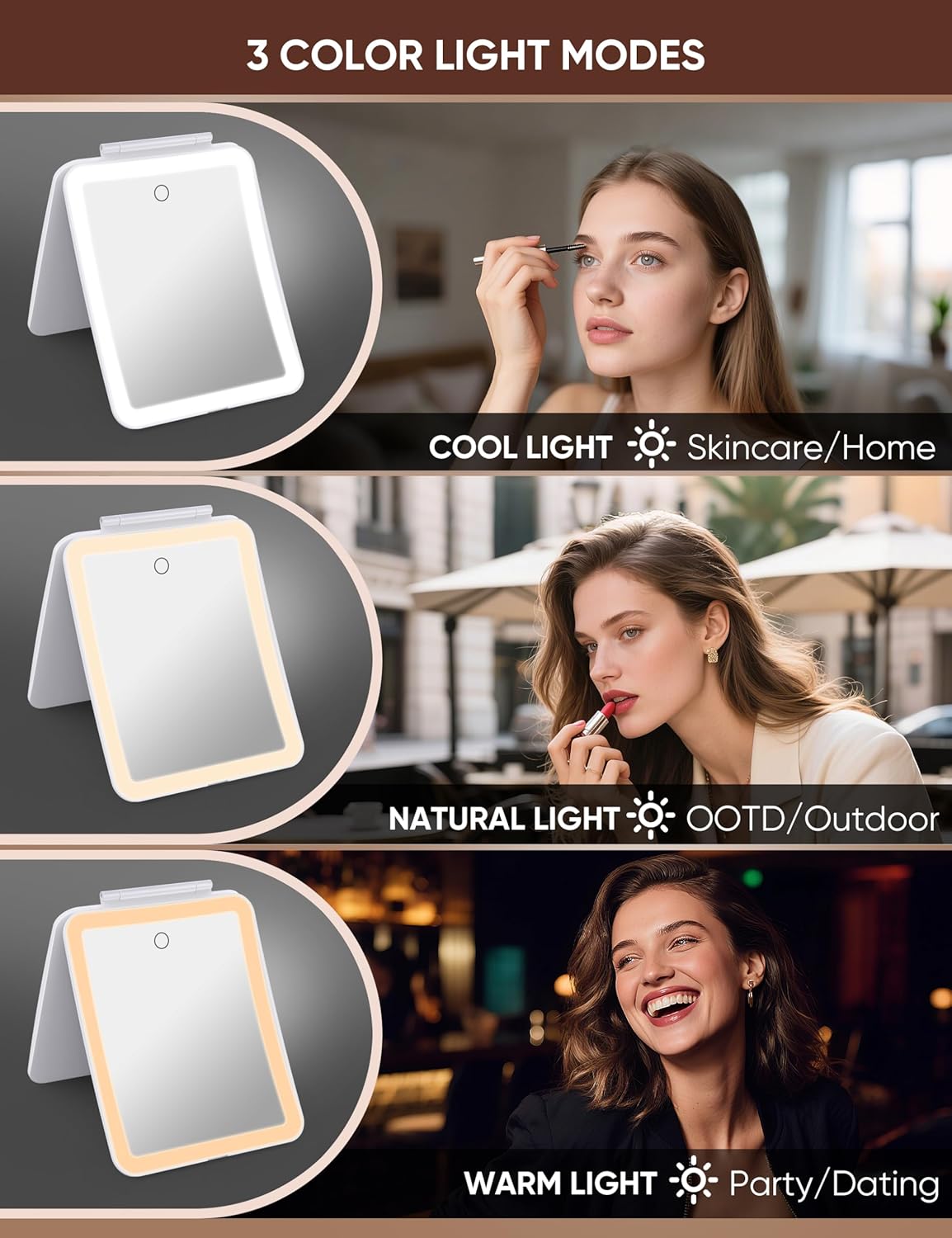 1X/10X Magnifying Makeup Mirror with 3 Colored Lights and Touch Control, 2700mAh Rechargeable LED Vanity Mirror for Home, Bathroom and Travel (Pearl White, with LED Lights)