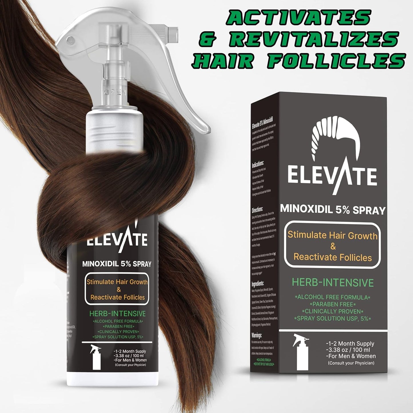 ELEVATE 5% Minoxidil Hair Growth Spray - Alcohol Free Non Oily Formula Extra Strength Professional Treatment for Hair Loss/Regrowth - Stimulate Hair Follicles for Men & Women - 1 Month Supply