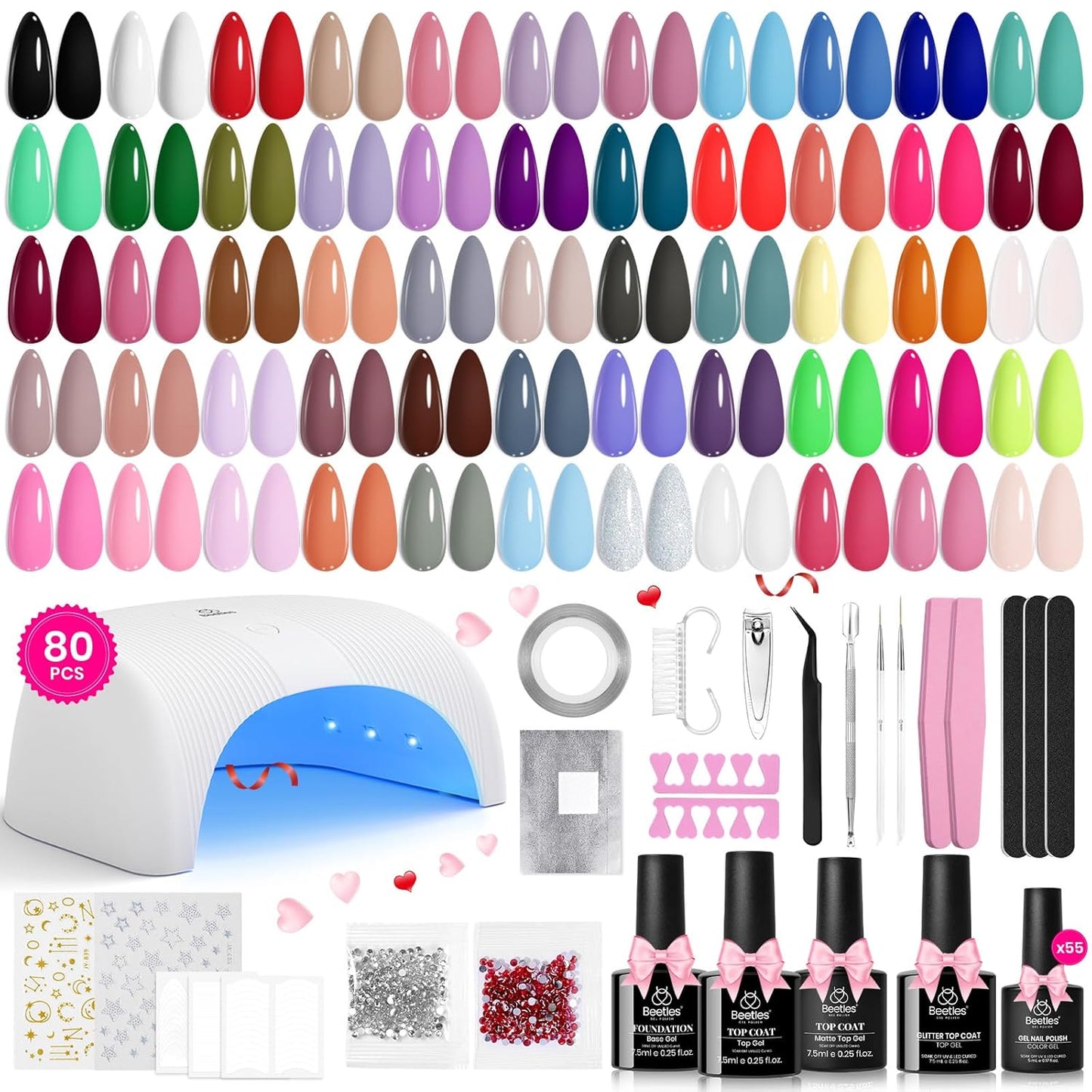 Beetles Gel Nail Polish Kit with U V Light - 80Pcs Fall Nail Fest Color Enchantment 55 Colors Gel Polish Starter Kit with Base Top Coat DIY Nails Stickers Manicure Tools Gift for Women Teens Girls