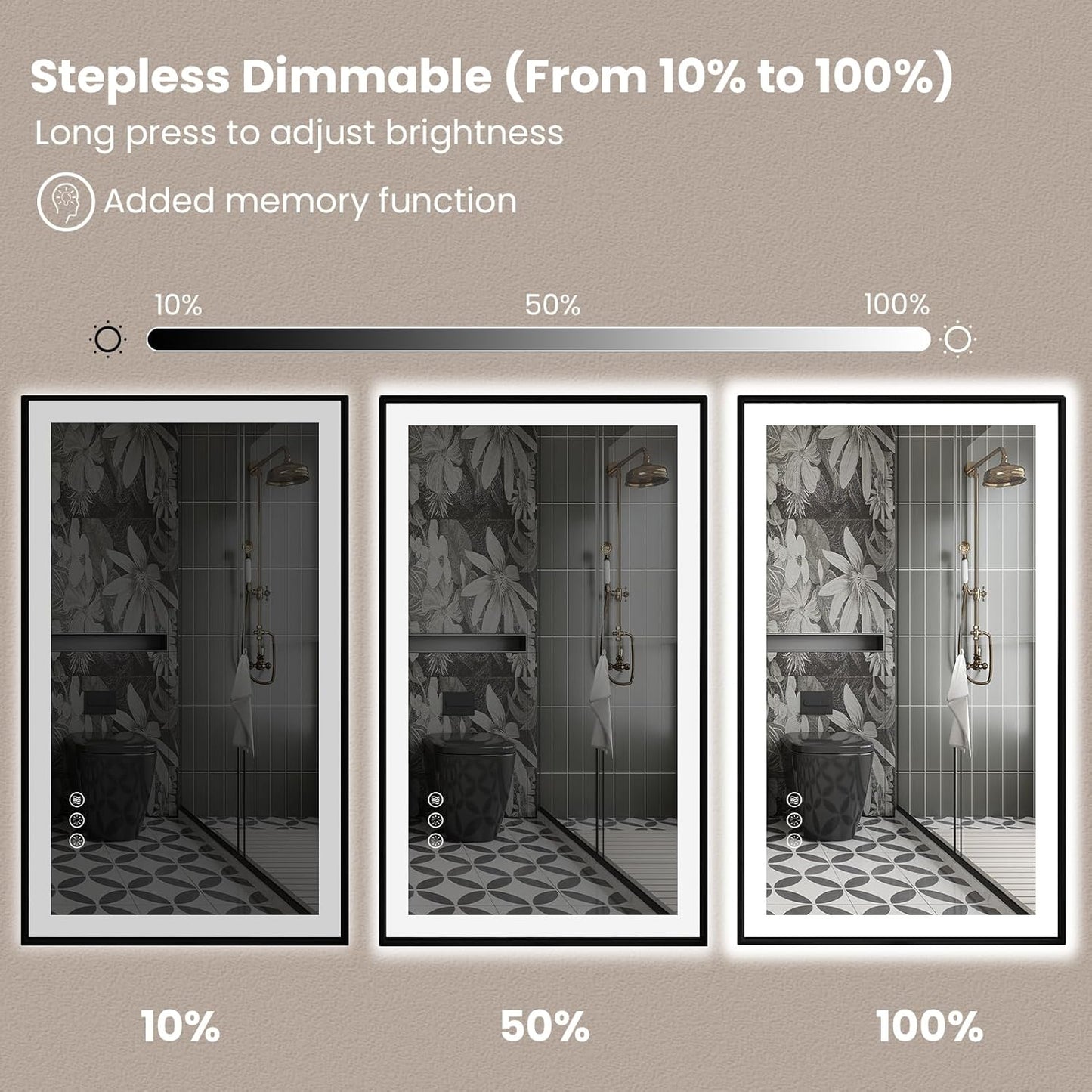 Amorho 55" X30" LED Bathroom Mirror with Black Frame, Front Light and Backlit(Controlled Separately), Stepless Dimmable, Anti-Fog, Shatter-Proof, 3 Colors, Memory