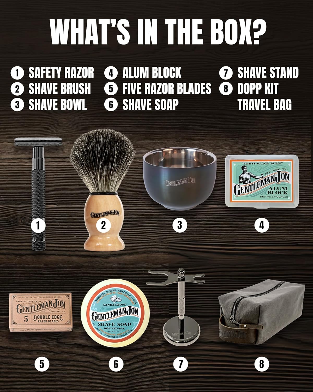 Deluxe Vintage Wet Shave Grooming Set for Men - Safety Razor, Brush, Alum Block, Soap, Bowl, Blades, Stand & Dopp Kit
