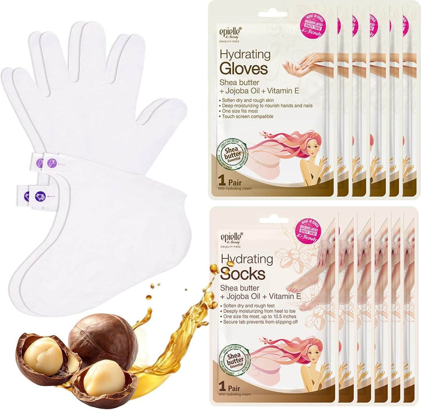 Epielle Hydrating Hand & Foot Masks 12 Pairs, Deep Moisturizing Socks & Gloves, Soften Dry Hands & Cracked Heels with Shea Butter & Jojoba Oil, Korean Skin Care, Foot Spa, Self Care Gifts for Women